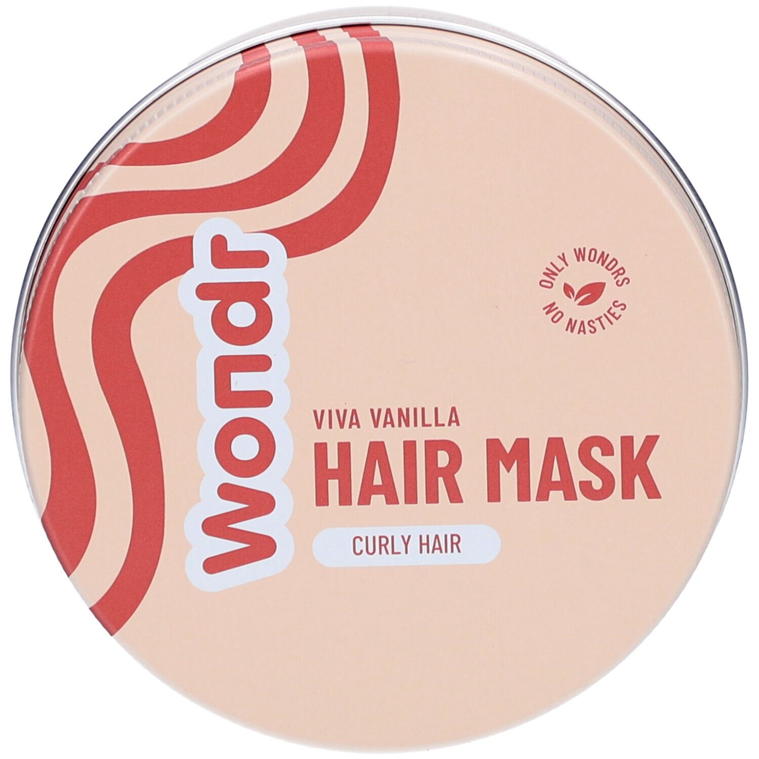 Ronde pot met rood patroon en opschrift Wondr. Opschrift: Viva Vanilla Hair Mask, Curly Hair. Alleen Wondrs, geen afval.