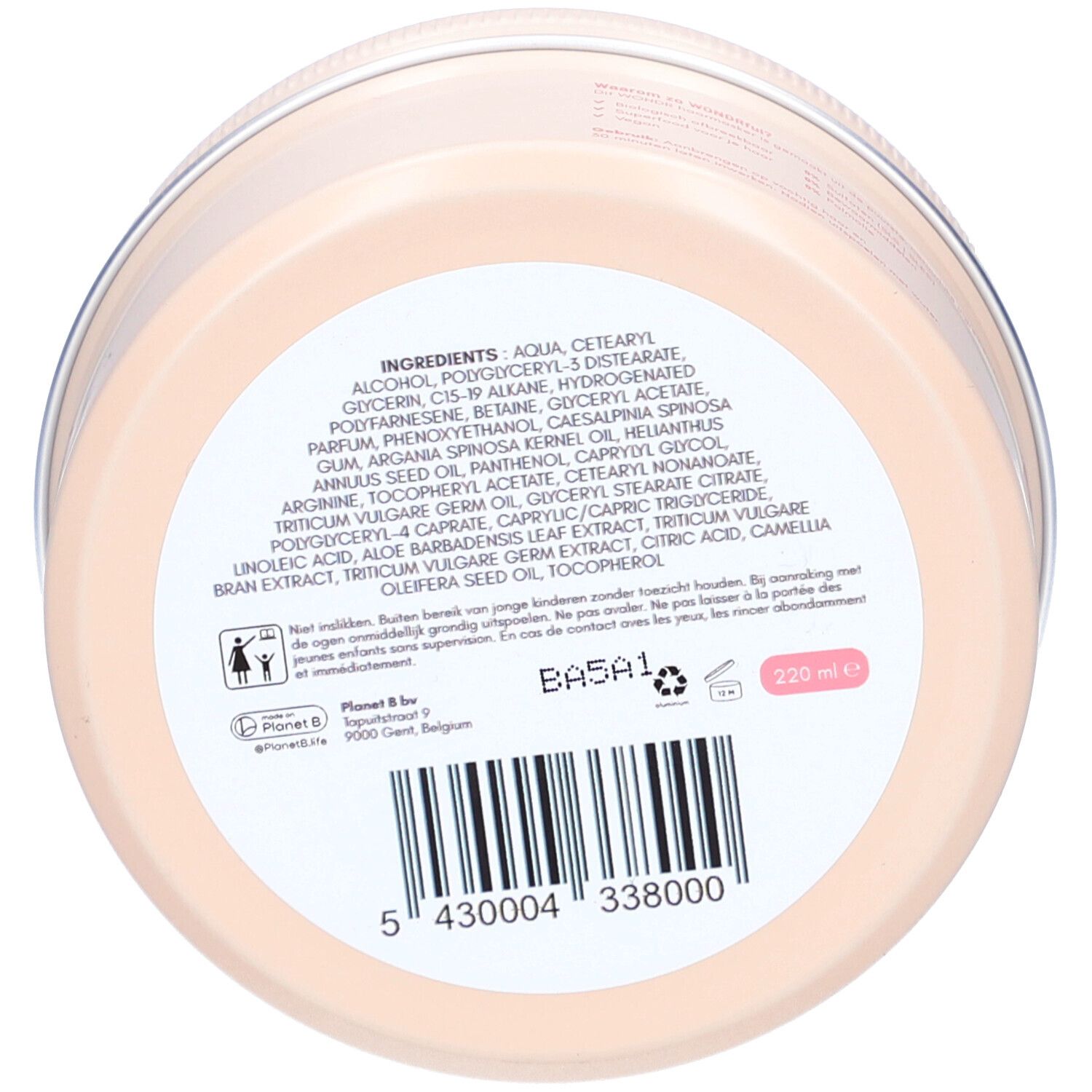 Onderkant van een ronde pot. Opschrift met ingrediënten, barcode en waarschuwingen. Inhoud: 220 ml.