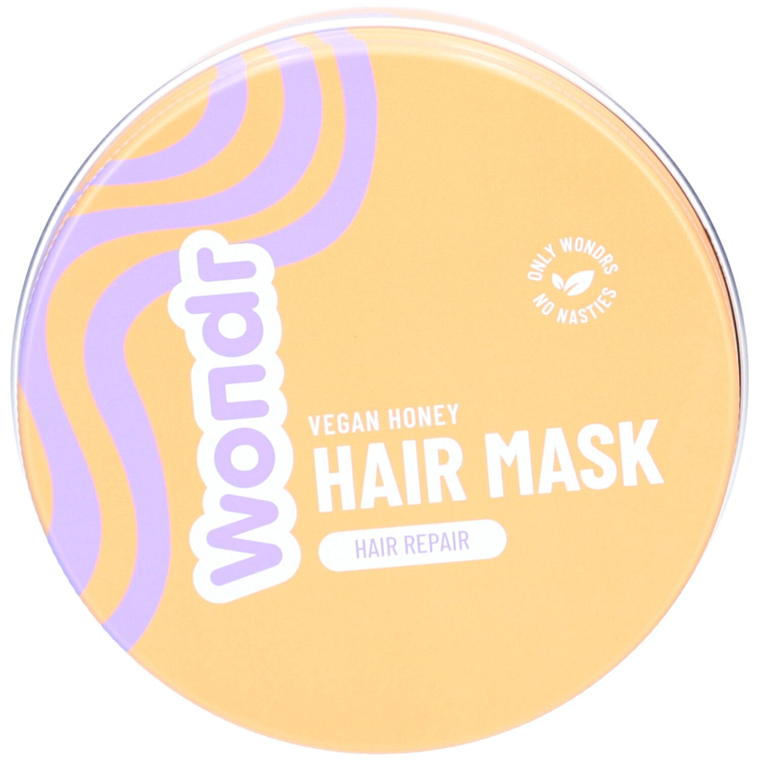Pot rond avec motifs violets et jaunes. Inscription : Wondr, Vegan Honey, Hair Mask, Hair Repair. Logo : Only Wondrs, No Nasties.