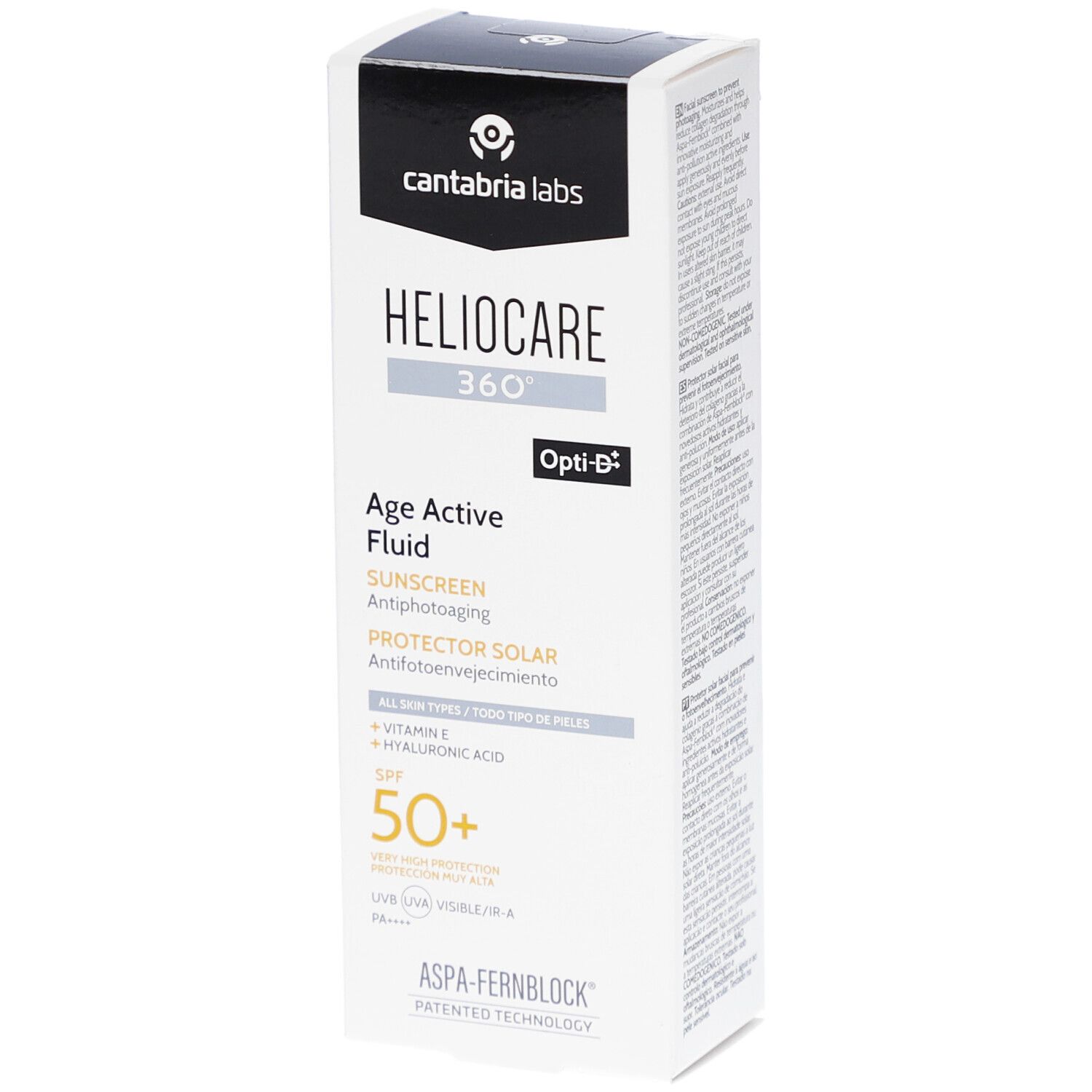 Witte doos met productinformatie. Opschrift: Heliocare 360° Age Active Fluid SPF50+. Merk: Cantabria Labs.