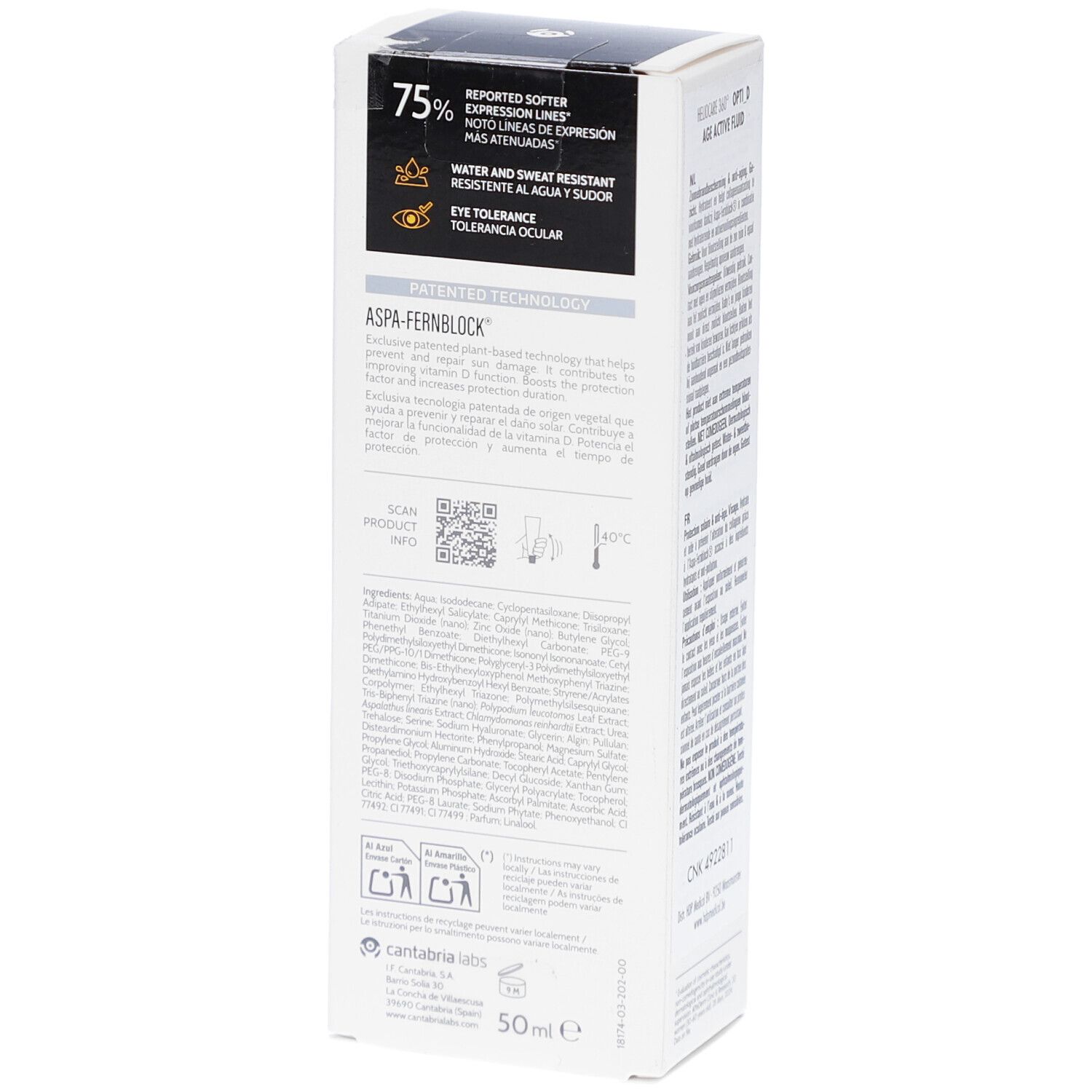 Achterkant van de productverpakking. Tekst met ingrediënten en informatie. Merk: Cantabria Labs. Product: Heliocare 360° Age Active Fluid.