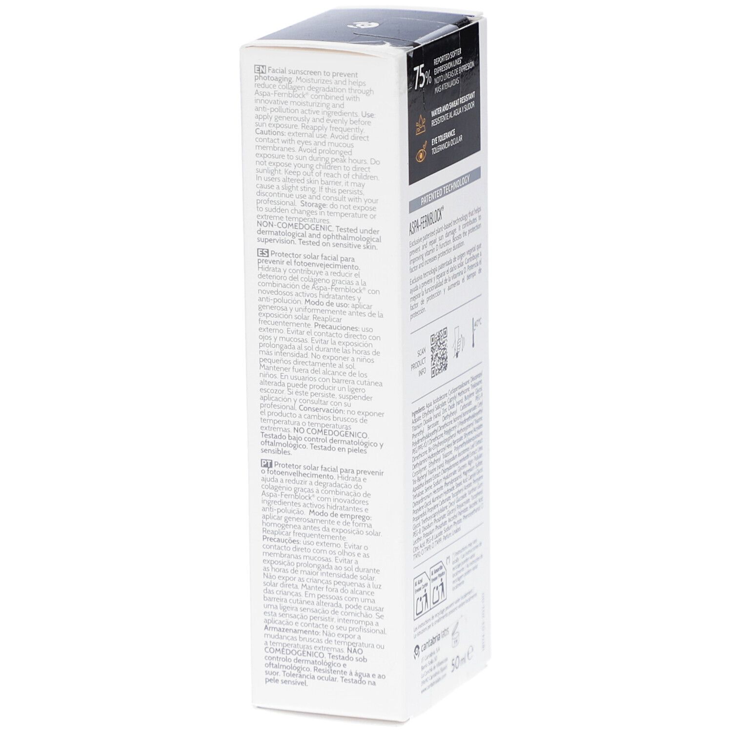 Achterkant van de productverpakking. Tekst met ingrediënten en informatie. Merk: Cantabria Labs. Product: Heliocare 360° Age Active Fluid.