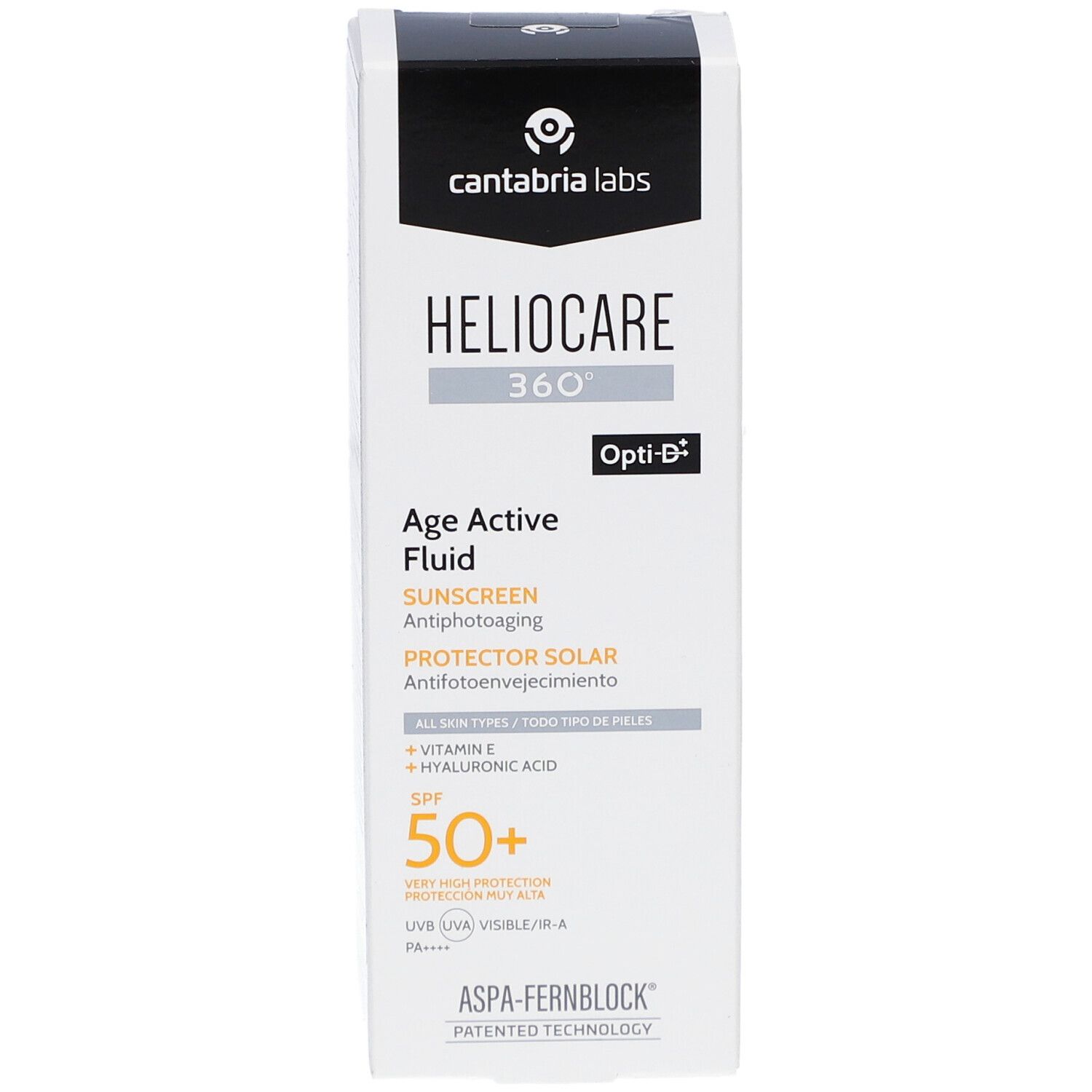 Witte doos met productinformatie. Opschrift: Heliocare 360° Age Active Fluid SPF50+. Merk: Cantabria Labs.