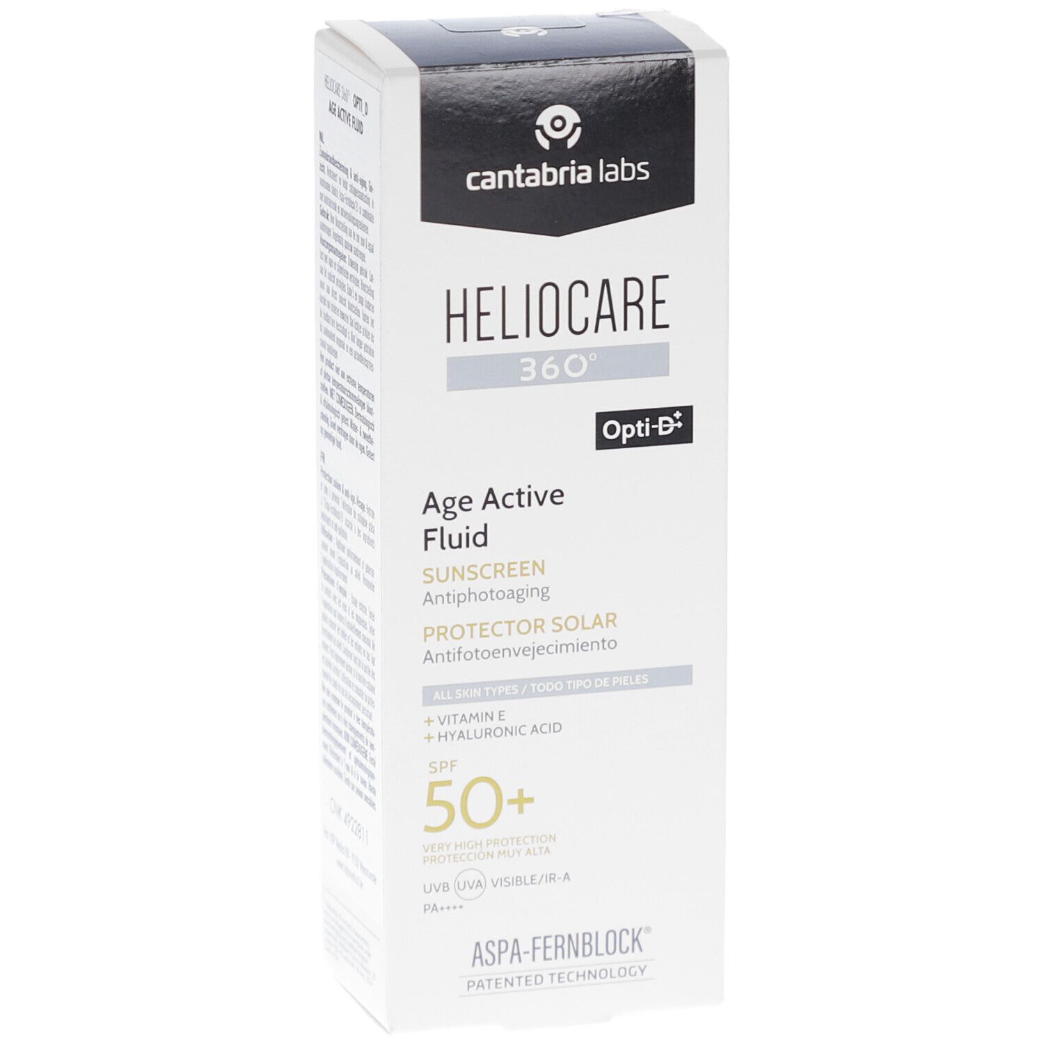 Witte doos met productinformatie. Opschrift: Heliocare 360° Age Active Fluid SPF50+. Merk: Cantabria Labs.