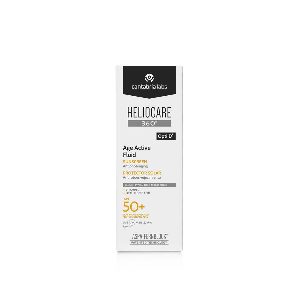 Witte doos met productinformatie. Opschrift: Heliocare 360° Age Active Fluid SPF50+. Merk: Cantabria Labs.