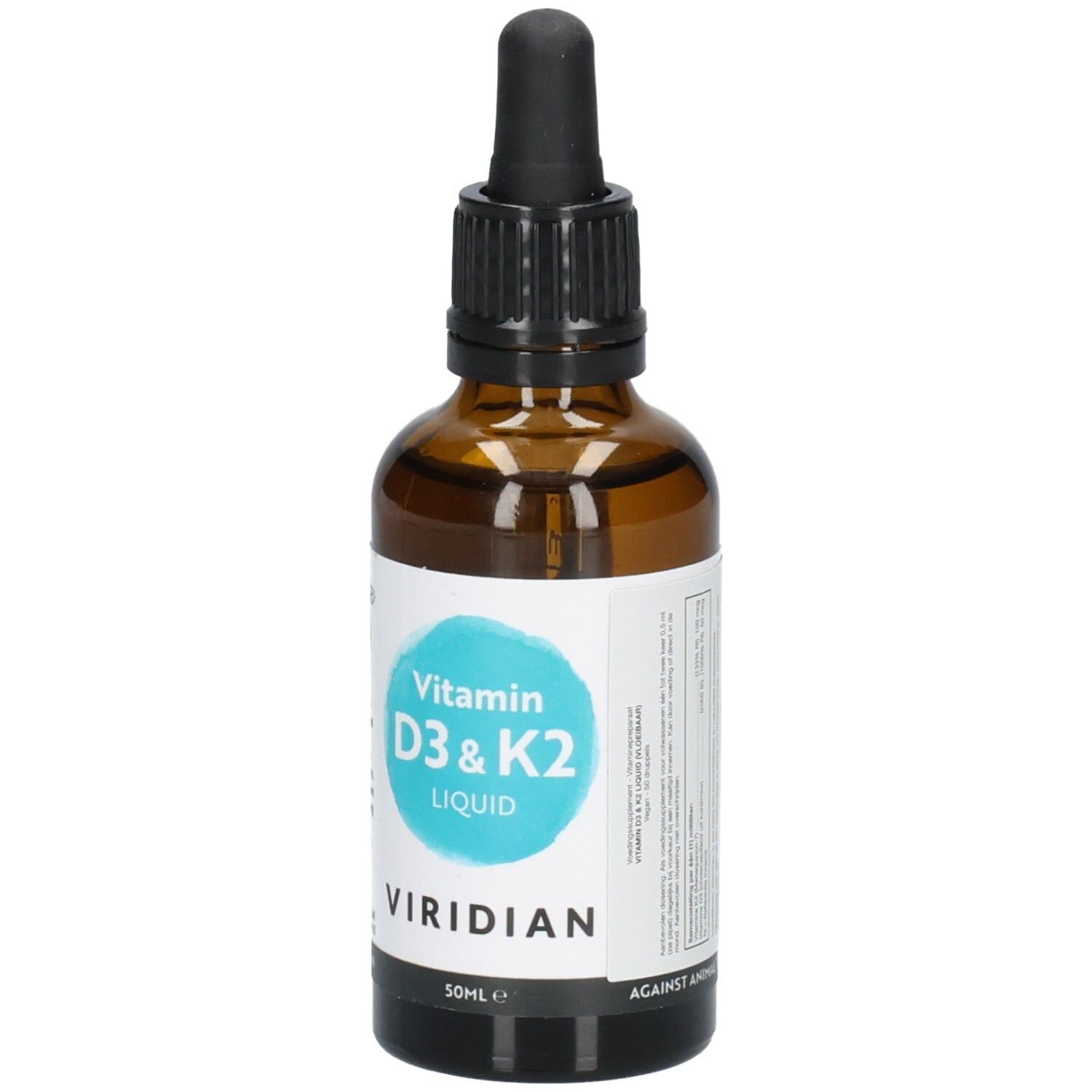 Flacon Viridian Vitamin D3 & K2 Liquid, 50ml, avec pipette et étiquette.
