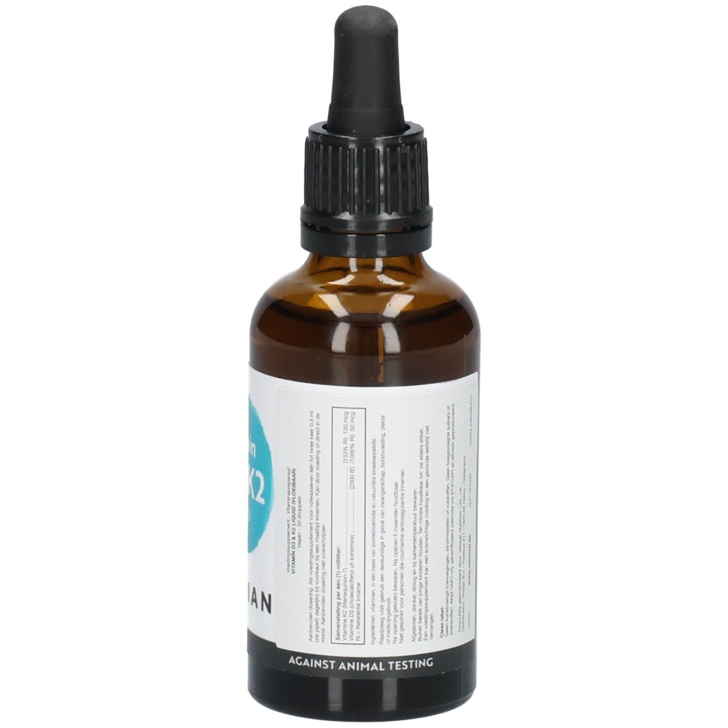 Arrière d'un flacon Viridian Vitamin D3 & K2 Liquid avec étiquette 'Against Animal Testing'.