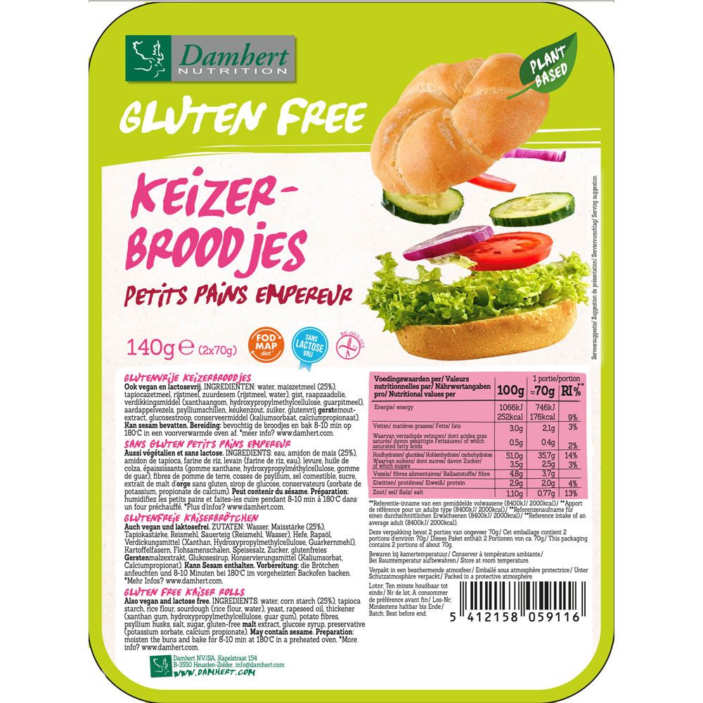 Verpakking met glutenvrije broodjes. Opschrift: Damhert Gluten Free Keizer-Broodjes, Petit Pains Empereur. Afgebeeld: een broodje met groenten.