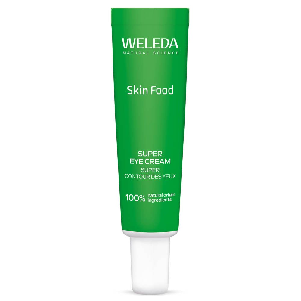 Groene tube met witte dop. Opschrift: Weleda Skin Food Super Eye Cream. 100% natuurlijke ingrediënten.