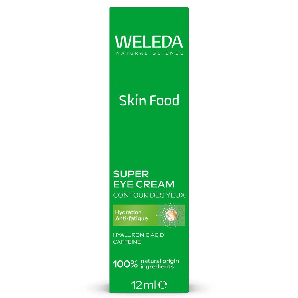 Groene doos. Opschrift: Weleda Skin Food Super Eye Cream. 100% natuurlijke ingrediënten. 12ml.