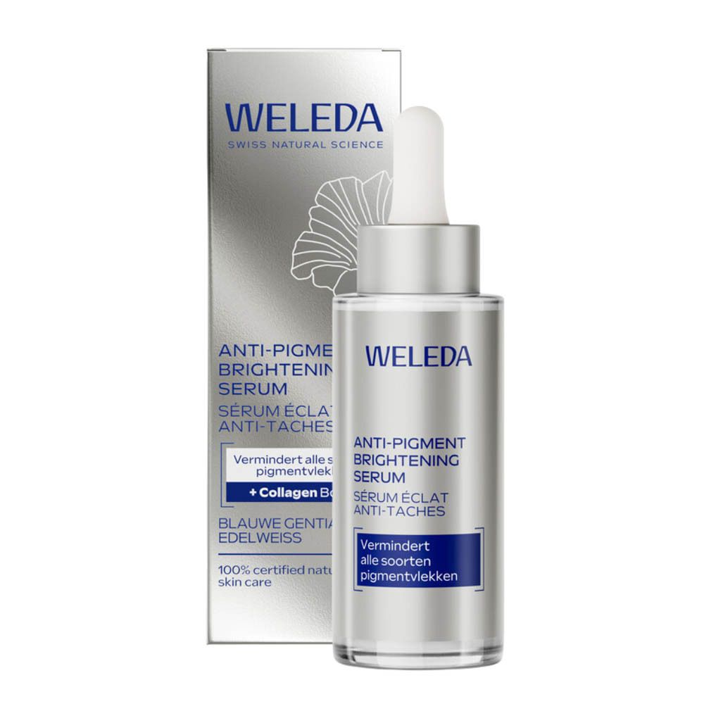 Emballage du produit et flacon de sérum. Inscription : WELEDA, Anti-Pigment Brightening Serum. Avec Collagen Boost.