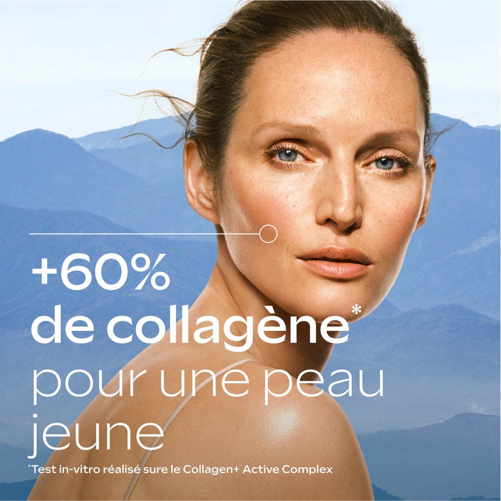 Visage d'une femme. Texte : +60% de collagène pour une peau jeune. Test in vitro.