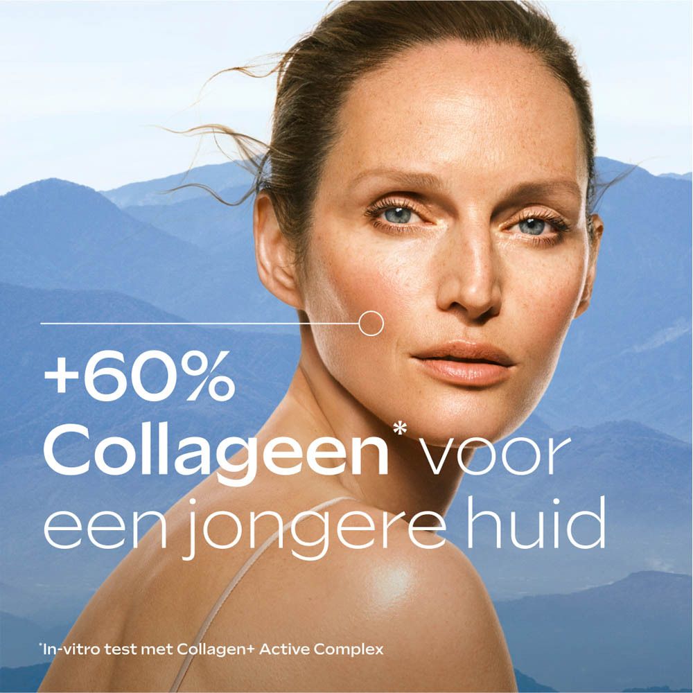 Gezicht van een vrouw. Tekst: +60% Collageen voor een jongere huid. Test in vitro.
