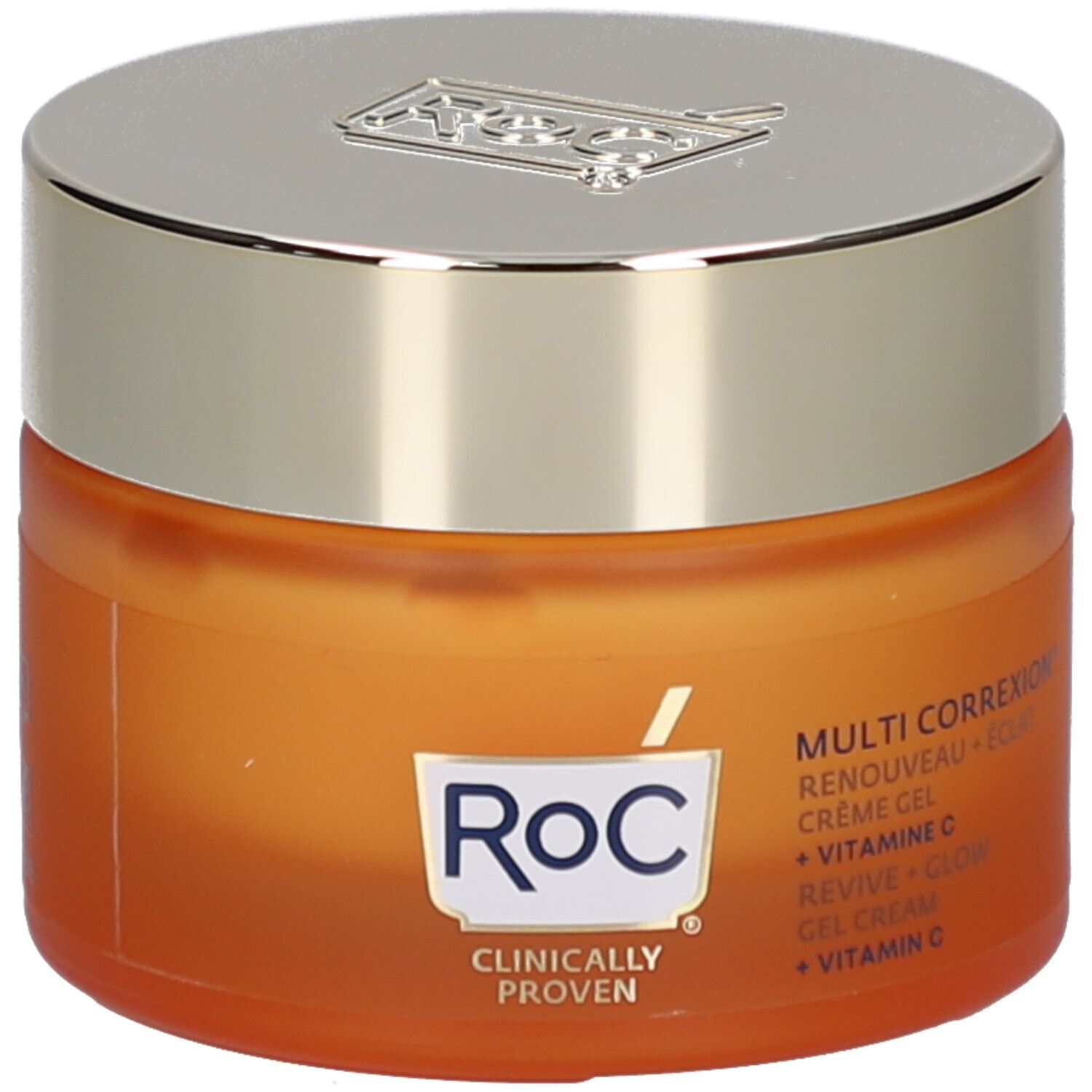 Pot orange avec couvercle argenté. Inscription: Roc, Multi Correxion, Revive + Glow, Vitamine C. Cliniquement prouvé.