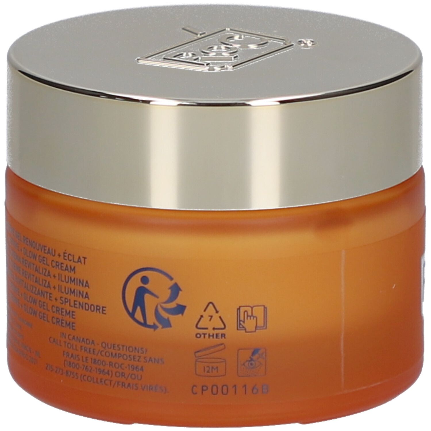 Dos d'un pot orange avec couvercle argenté. Texte: Crème Gel, Revive + Glow, Vitamine C. Symbole de recyclage.