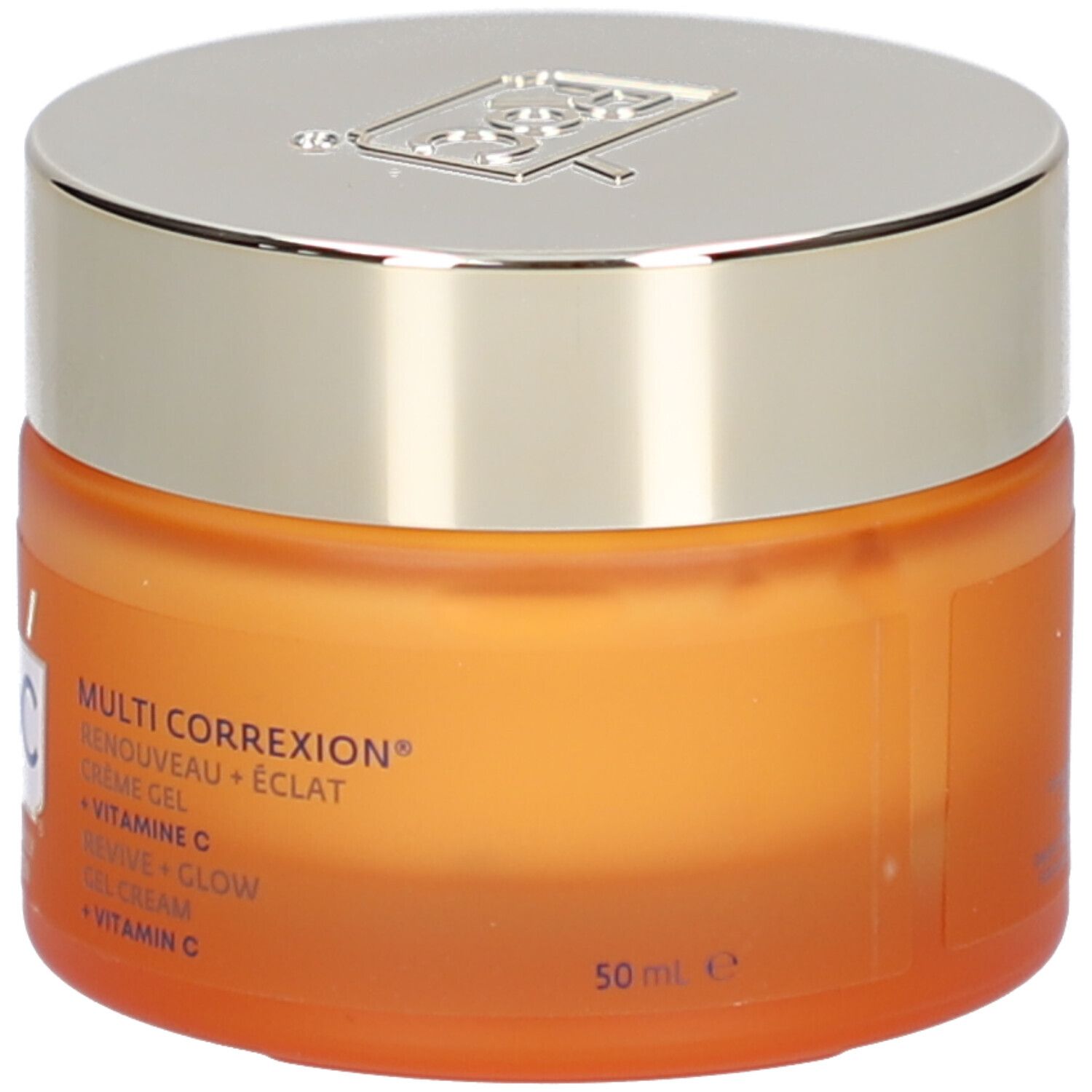 Pot orange avec couvercle argenté. Inscription: Roc, Multi Correxion, Revive + Glow, Vitamine C. 50 ml.