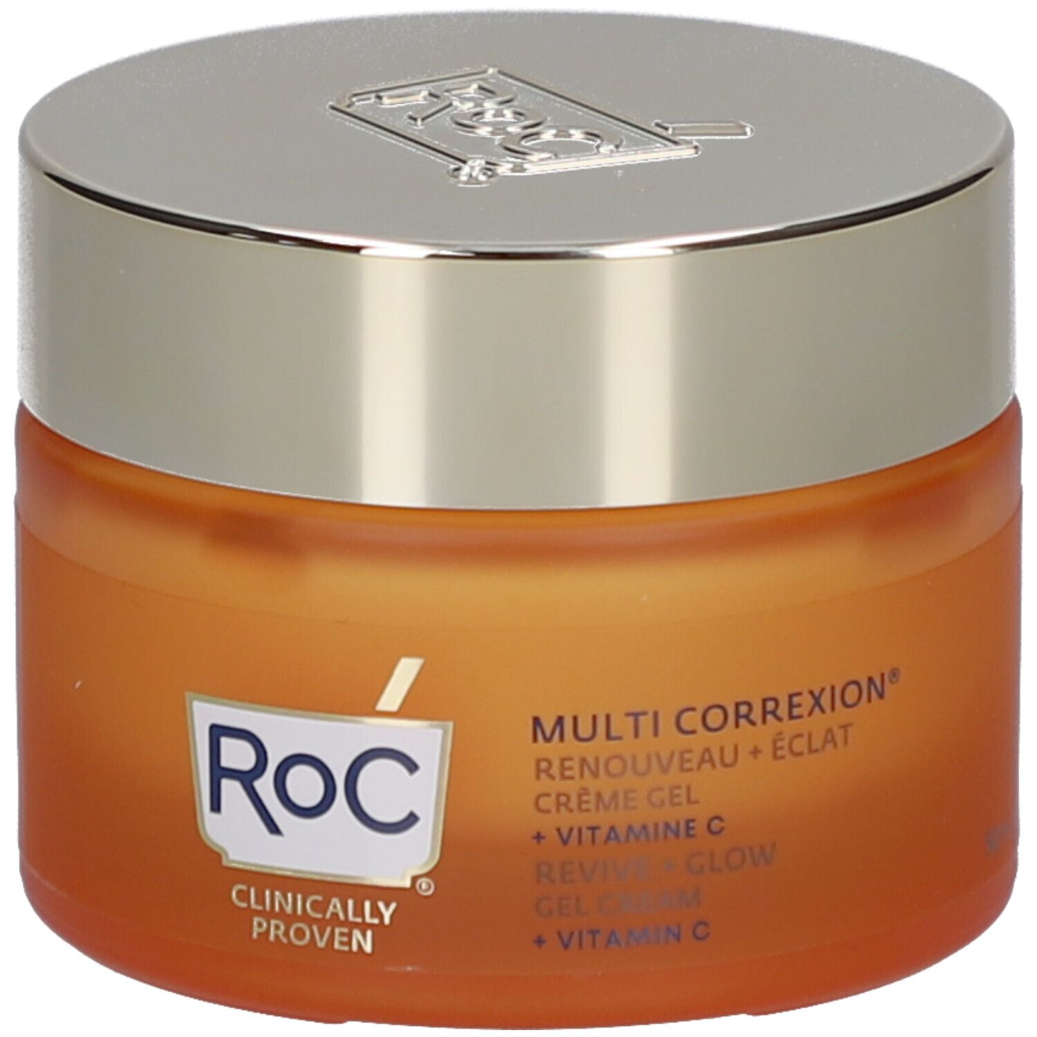 Pot orange avec couvercle argenté. Inscription: Roc, Multi Correxion, Revive + Glow, Vitamine C. Cliniquement prouvé.