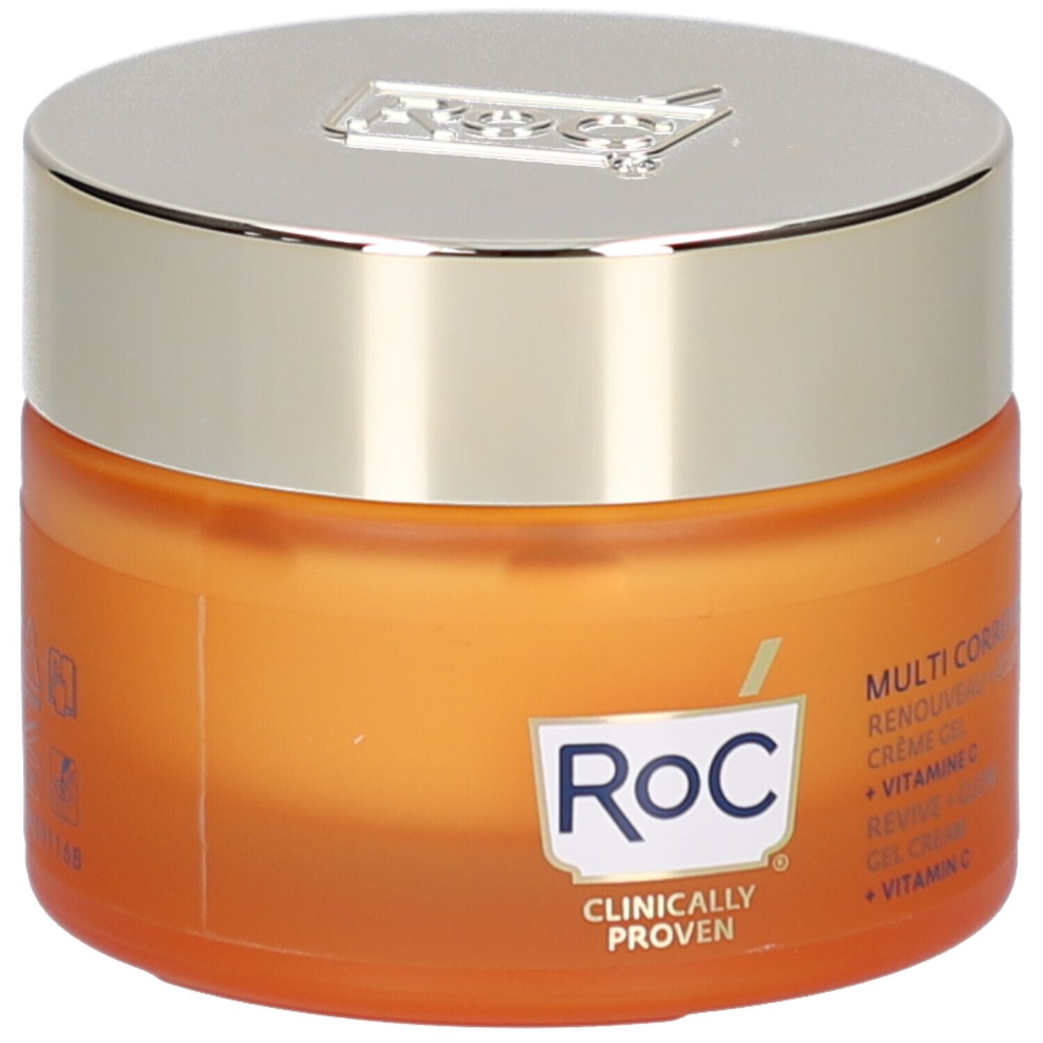 Pot orange avec couvercle argenté. Inscription: Roc, Multi Correxion, Revive + Glow, Vitamine C. Cliniquement prouvé.