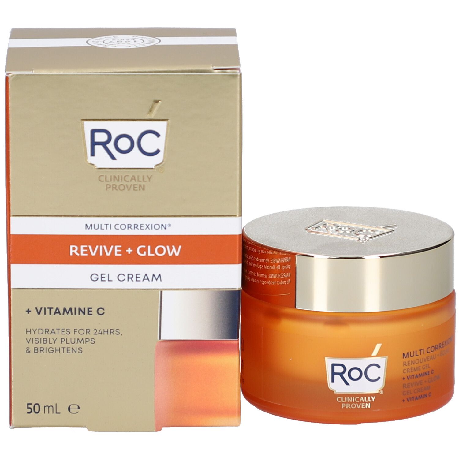 Emballage et pot du produit. Inscription: Roc, Multi Correxion, Revive + Glow, Vitamine C. 50 ml. Cliniquement prouvé.