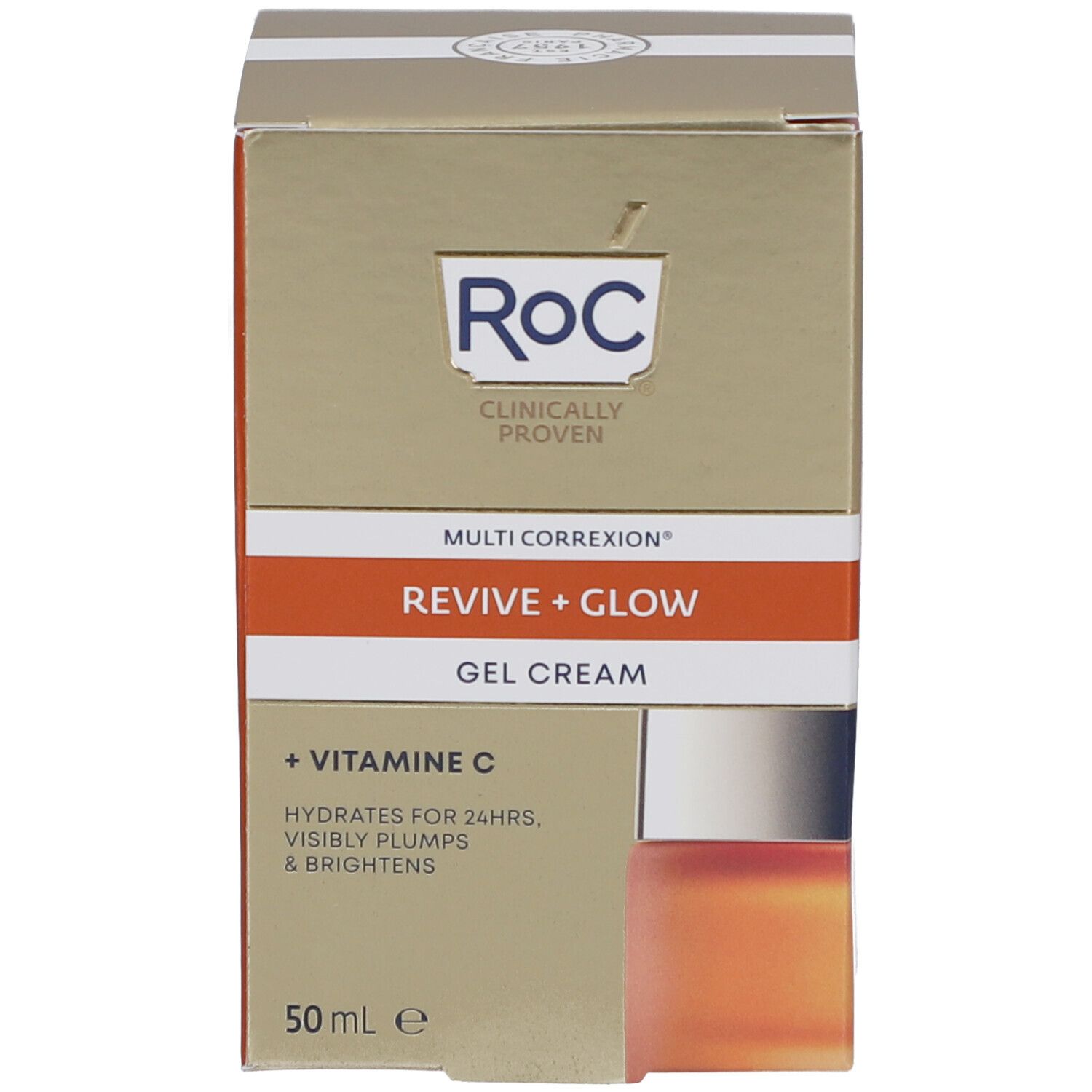 Emballage du produit. Inscription: Roc, Multi Correxion, Revive + Glow, Vitamine C. 50 ml. Cliniquement prouvé.