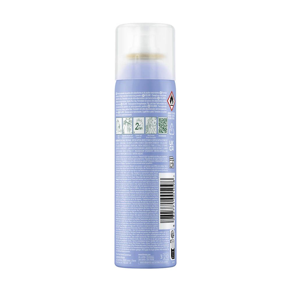Achterkant van de blauwe spray. Afdrukken: gebruiksaanwijzing, waarschuwingssymbolen, QR-code, barcode en tekst.
