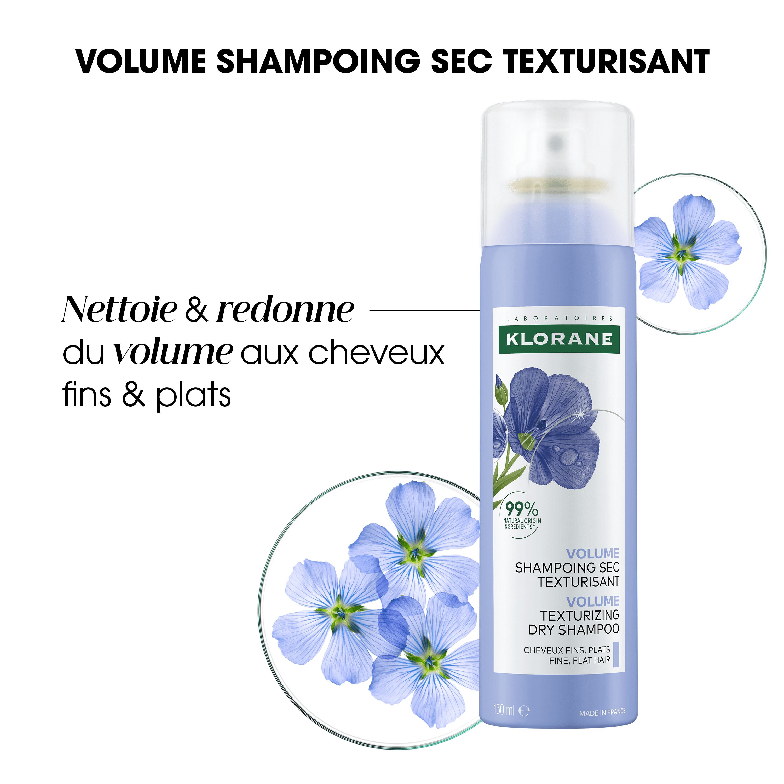 Image du produit avec texte: Volume Shampoing Sec Texturisant. Texte: Nettoie et donne du volume aux cheveux fins et plats.