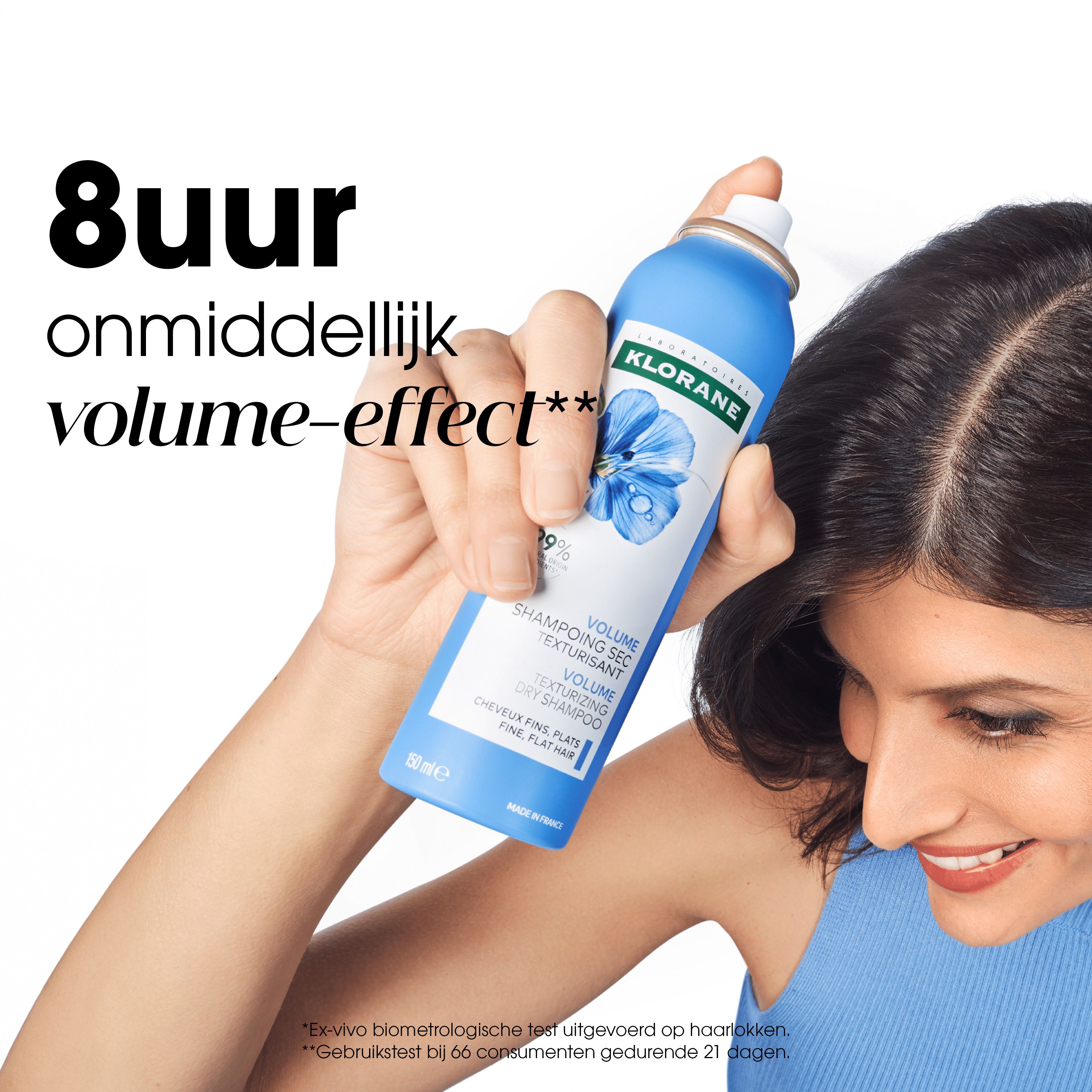 Productafbeelding met tekst: Volume Texturgevende Droogshampoo. Tekst: Reinigt en geeft volume aan fijn en plat haar.
