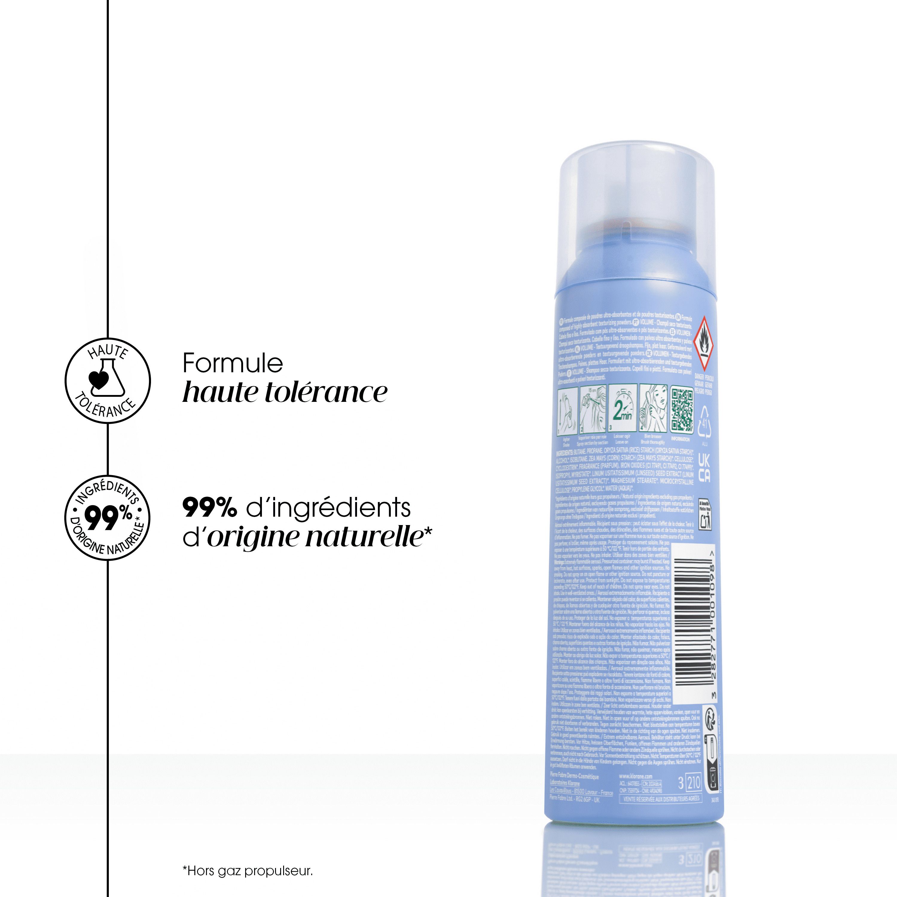 Dos du spray bleu. Impressions: texte, 99% d'ingrédients d'origine naturelle, haute tolérance.