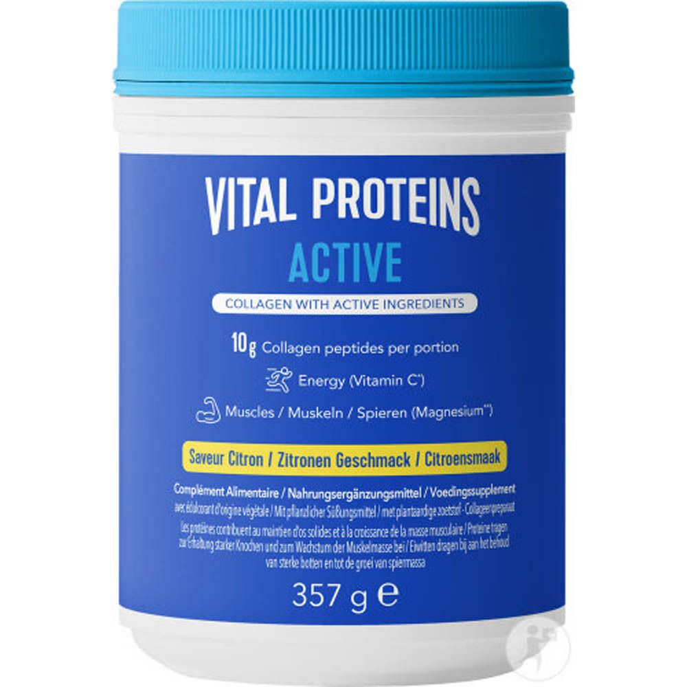 Vital Proteins Active, blauwe pot. Opschrift: Active, Collageen, 10g collageenpeptiden, Energie (Vitamine C).