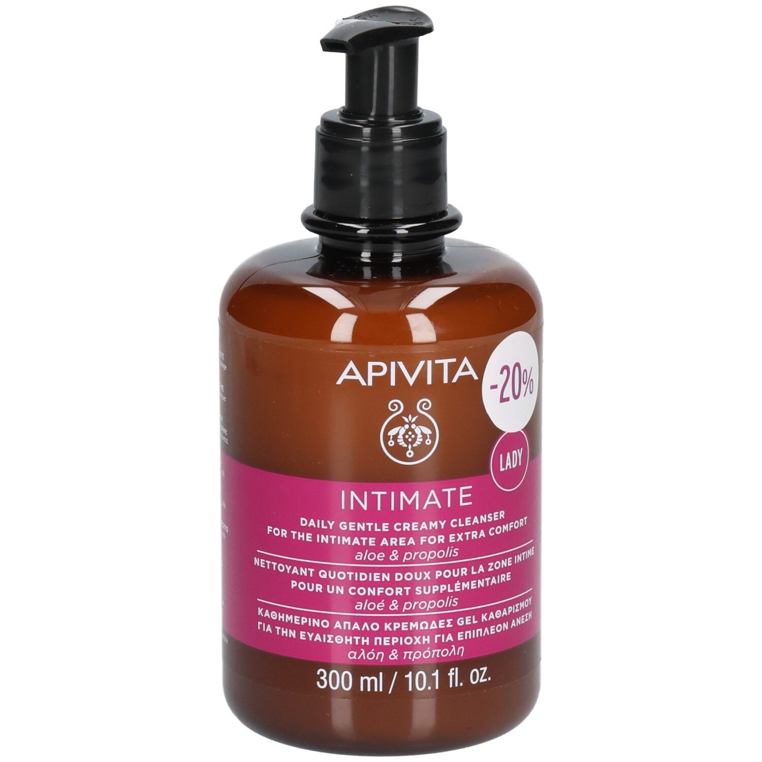 Flacon marron avec pompe noire. Inscription: Apivita Intimate, -20%, Lady. Texte en plusieurs langues.