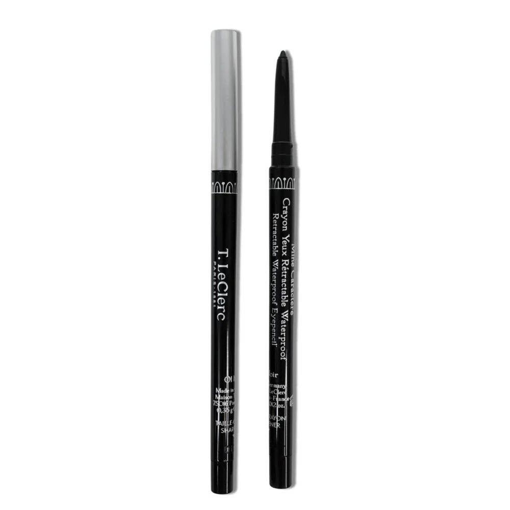 Zwarte, uitschuifbare eyeliner-stift met zilveren dop. Merk: T. LeClerc, Crayon Yeux Rétractable Waterproof.