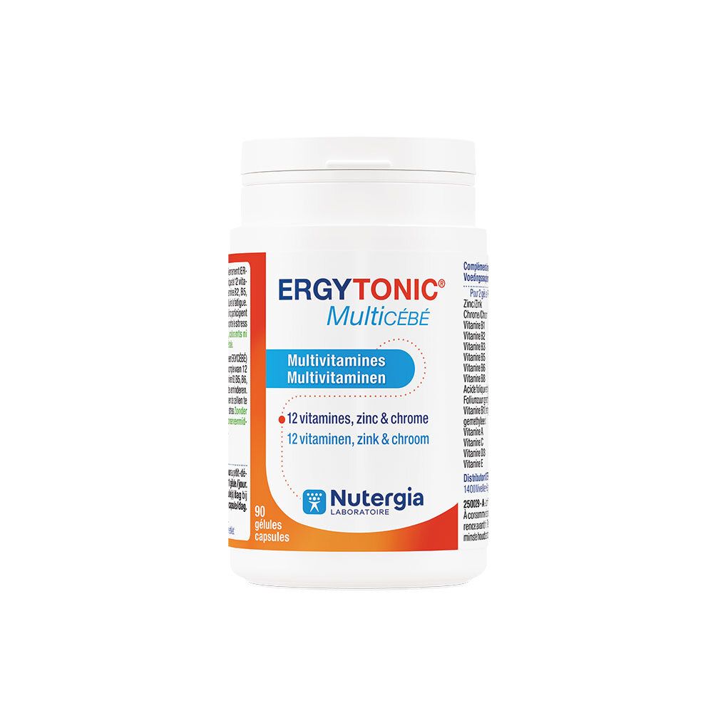 Flacon blanc de gélules. Inscription : Ergytonic Multicébé, Multivitamines, 12 vitamines, zinc & chrome. Marque : Nutergia.