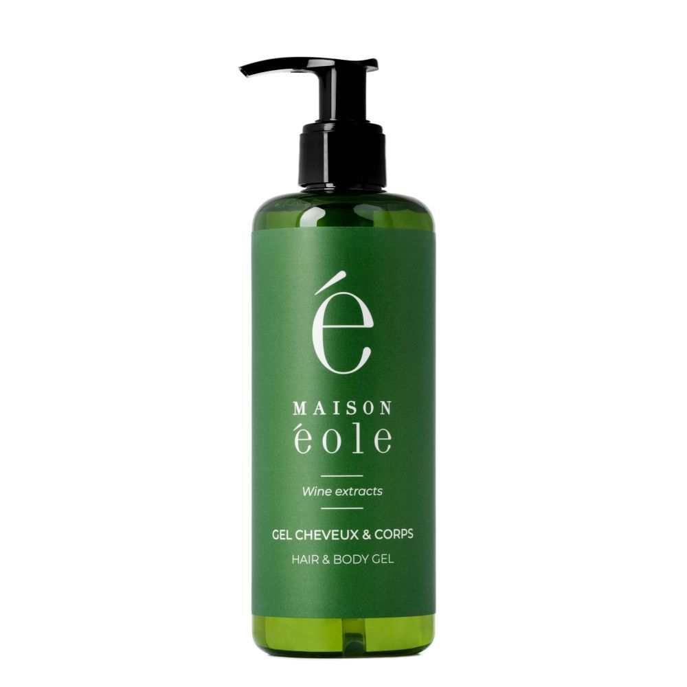 Groene fles met zwarte pomp. Opschrift: Maison Éole, Gel Cheveux & Corps, Hair & Body Gel.