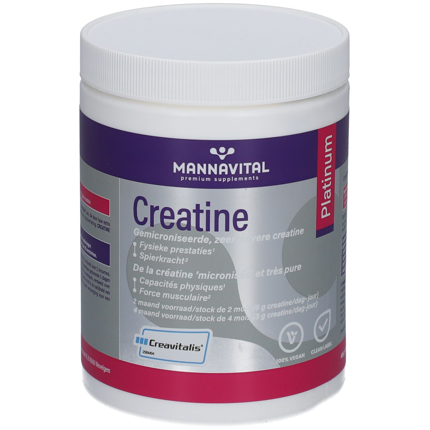 Pot cylindrique blanc avec étiquette violette et rouge. Inscription: Mannavital Creatine Platinum. Logo végan.