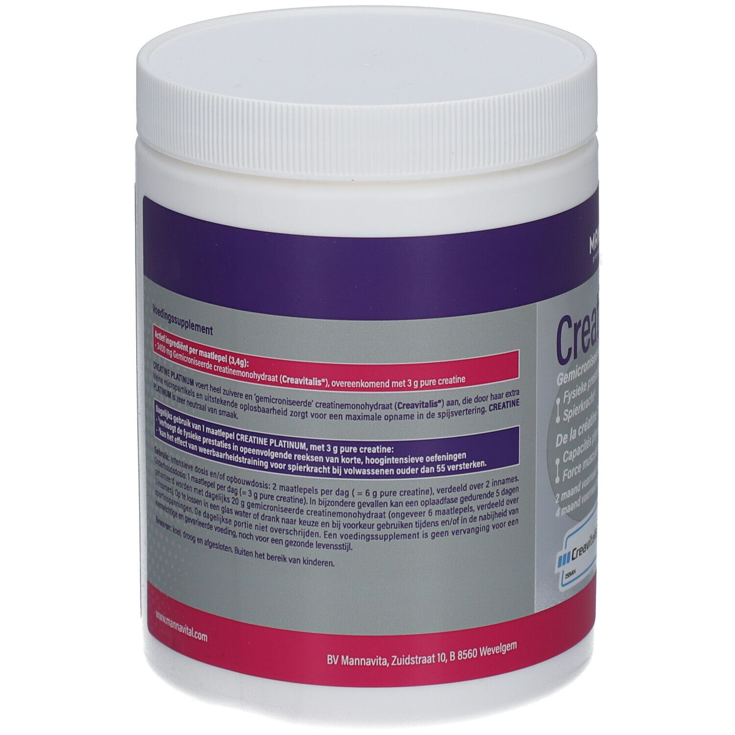 Dos du pot cylindrique blanc. Informations textuelles sur les ingrédients et l'utilisation. Marque: Mannavital.