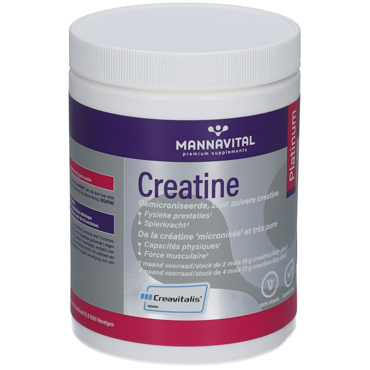 Pot cylindrique blanc avec étiquette violette et rouge. Inscription: Mannavital Creatine Platinum. Logo végan.