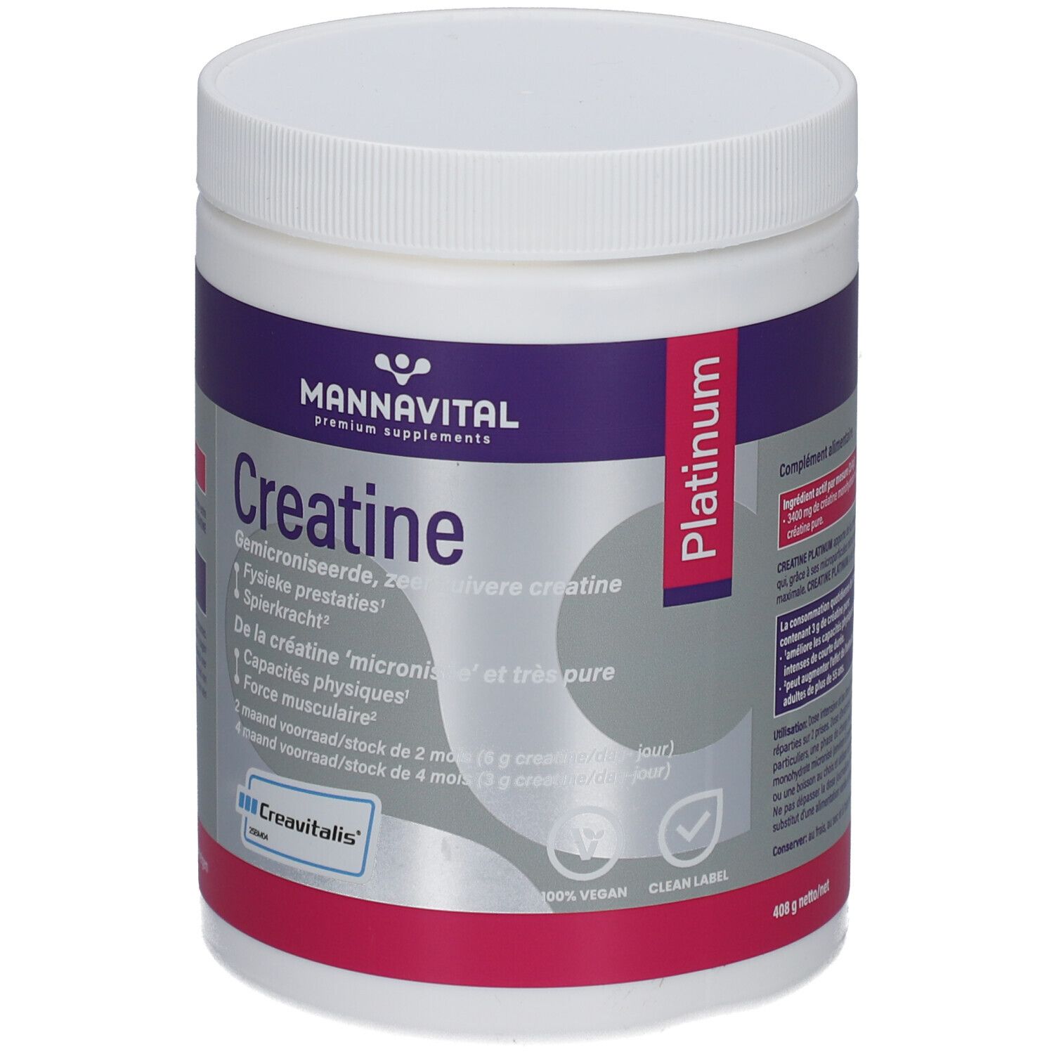Pot cylindrique blanc avec étiquette violette et rouge. Inscription: Mannavital Creatine Platinum. Logo végan.