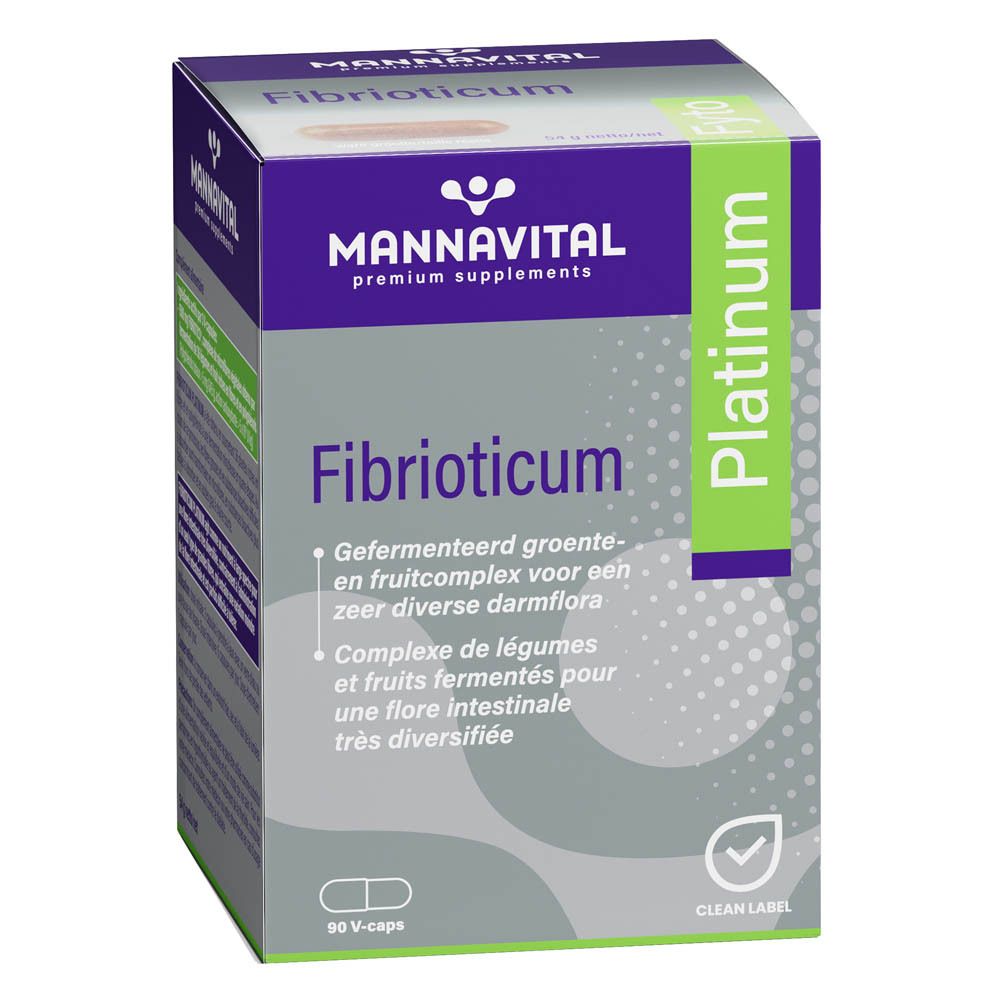 Productverpakking. Opschrift: Mannavital Fibrioticum Platinum. Bevat capsules.