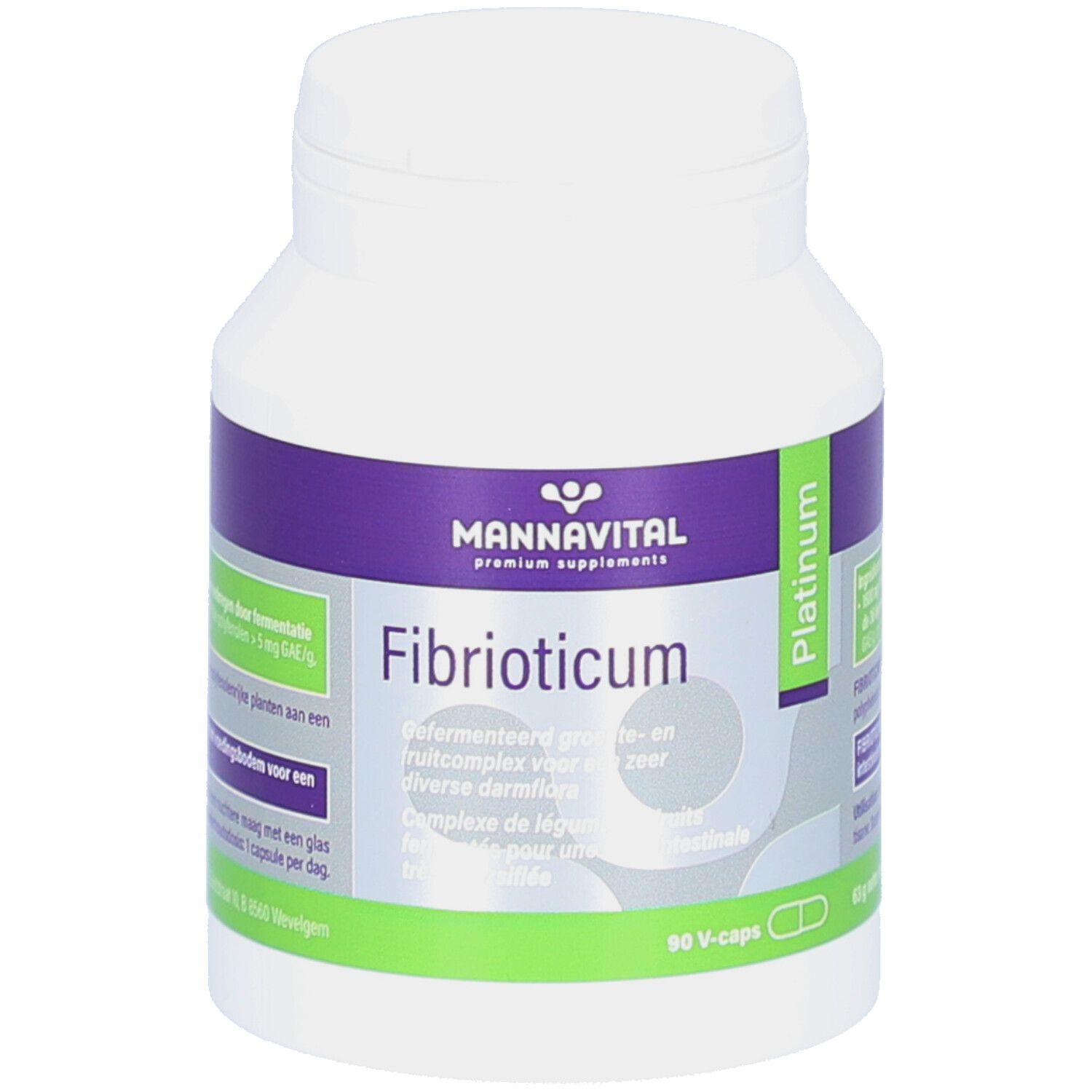 Witte fles met paarse en groene etiketten. Bevat capsules. Opschrift: Mannavital Fibrioticum Platinum.