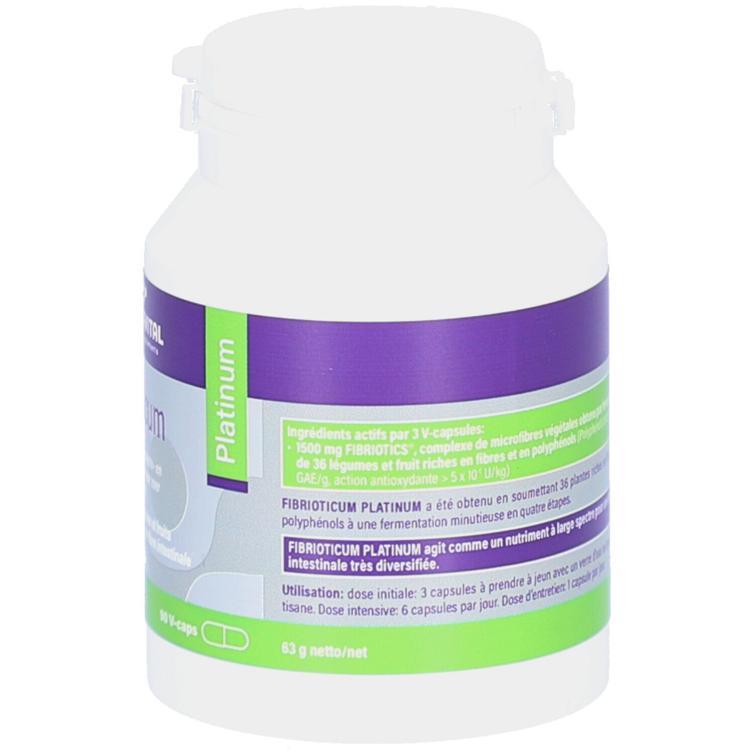 Witte fles met paarse en groene etiketten. Bevat capsules. Opschrift: Mannavital Fibrioticum Platinum.