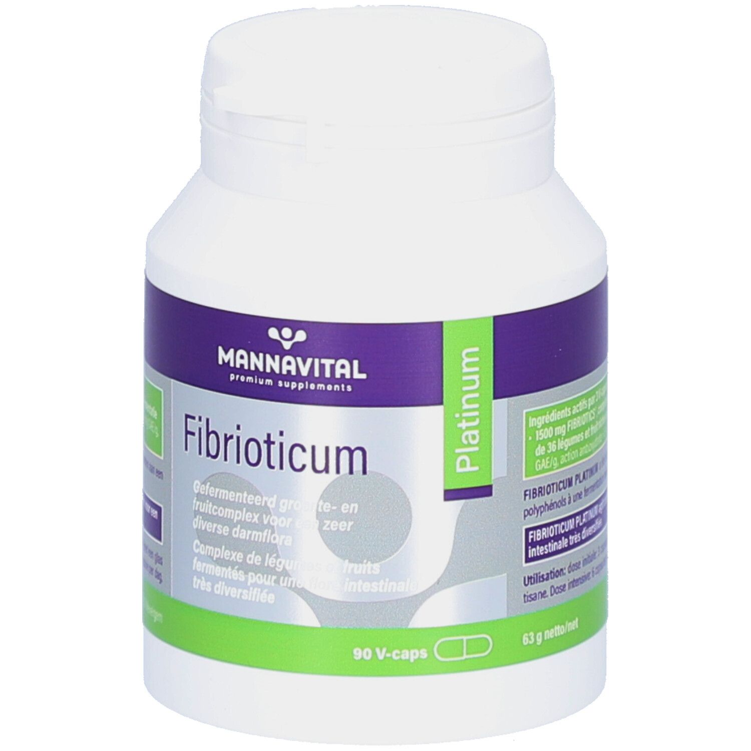 Witte fles met paarse en groene etiketten. Bevat capsules. Opschrift: Mannavital Fibrioticum Platinum.