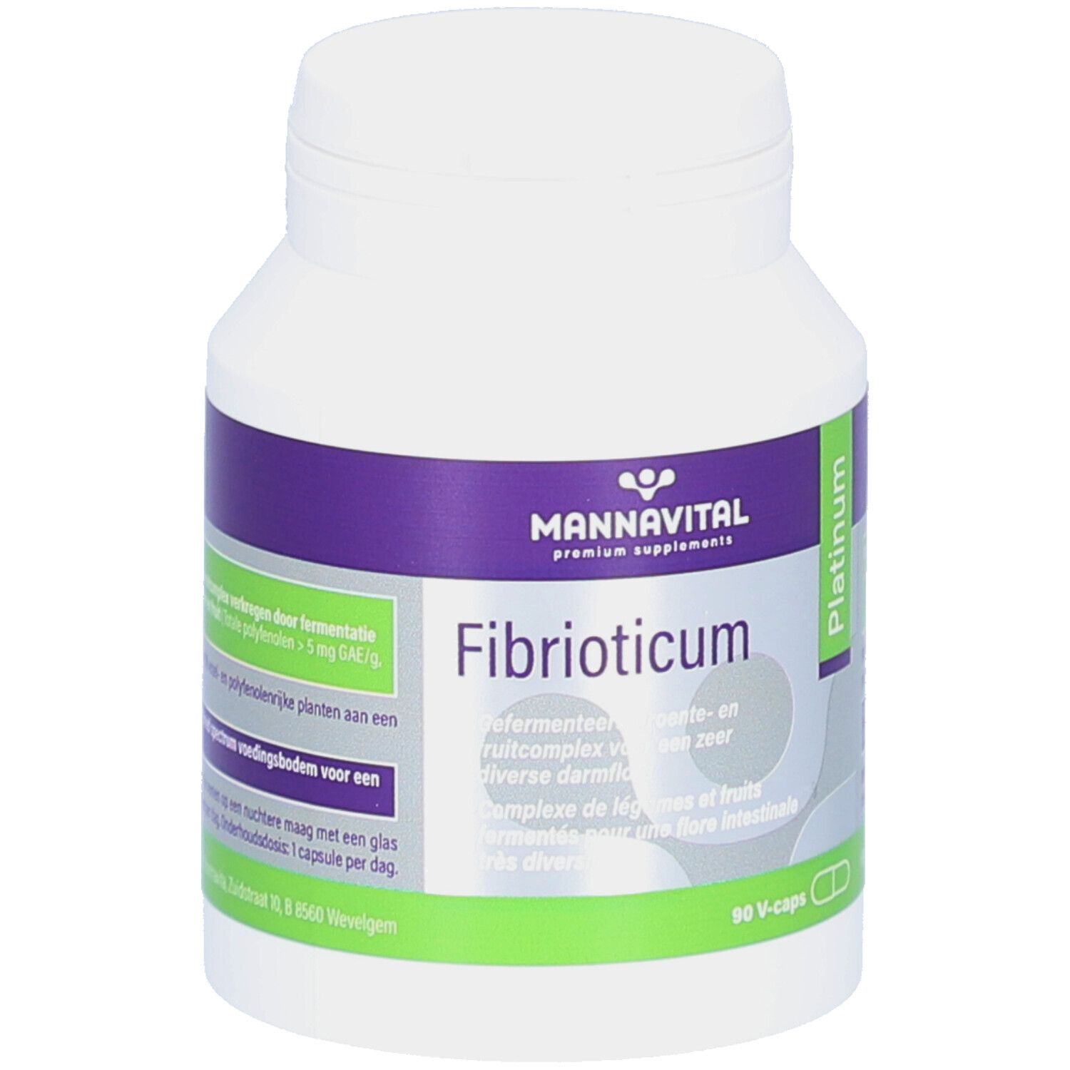 Witte fles met paarse en groene etiketten. Bevat capsules. Opschrift: Mannavital Fibrioticum Platinum.