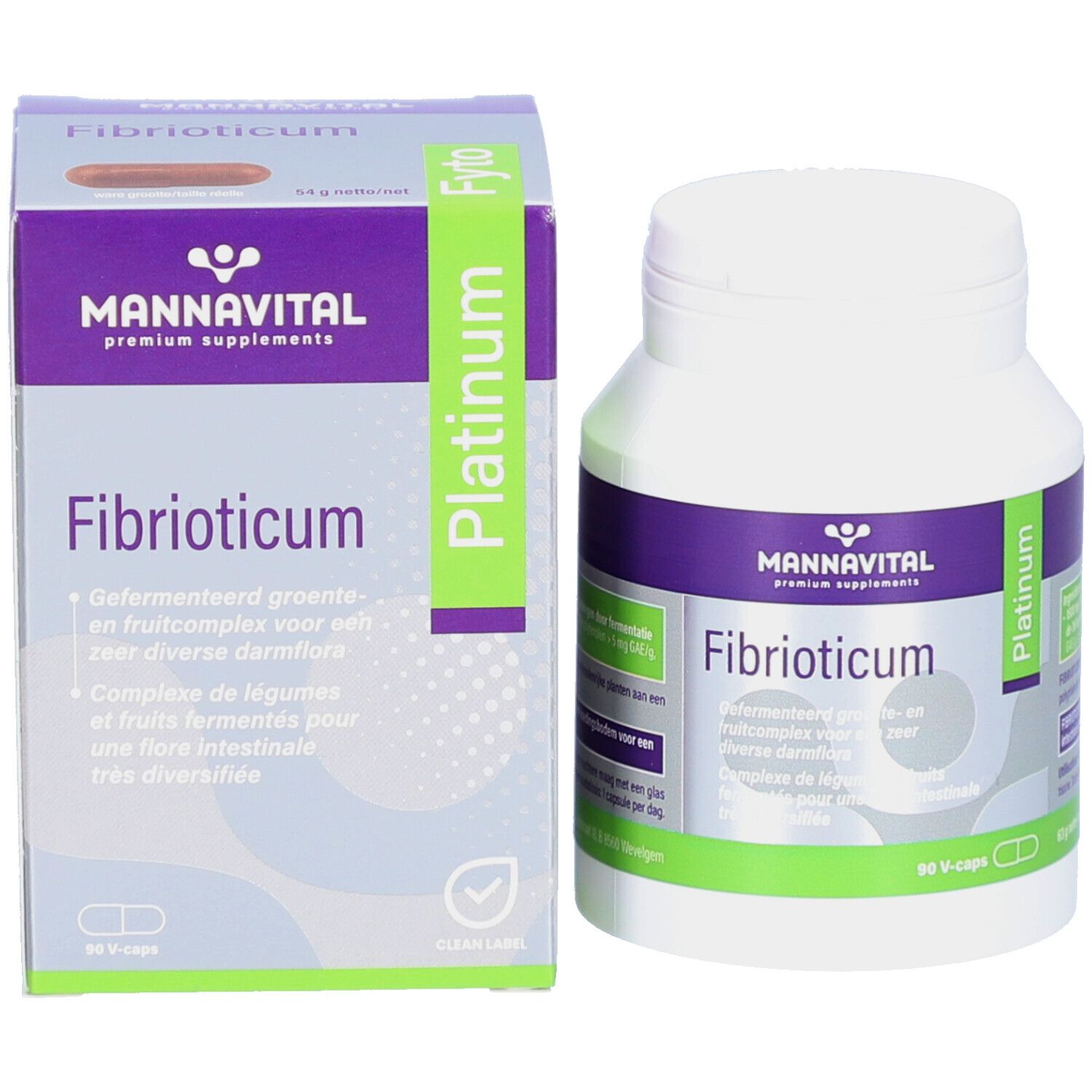 Productverpakking en fles. Opschrift: Mannavital Fibrioticum Platinum. Bevat capsules.