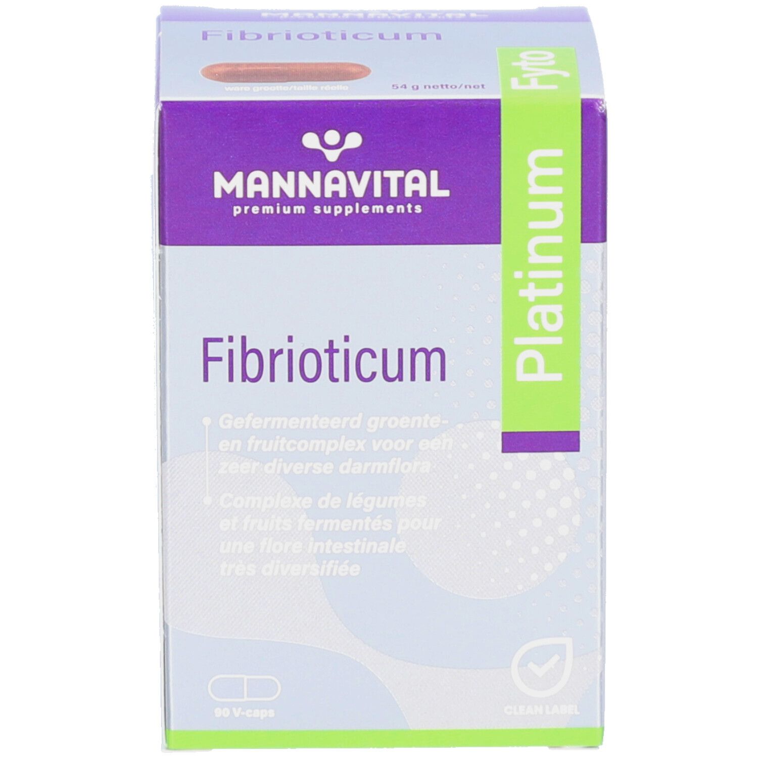 Productverpakking. Opschrift: Mannavital Fibrioticum Platinum. Bevat capsules.
