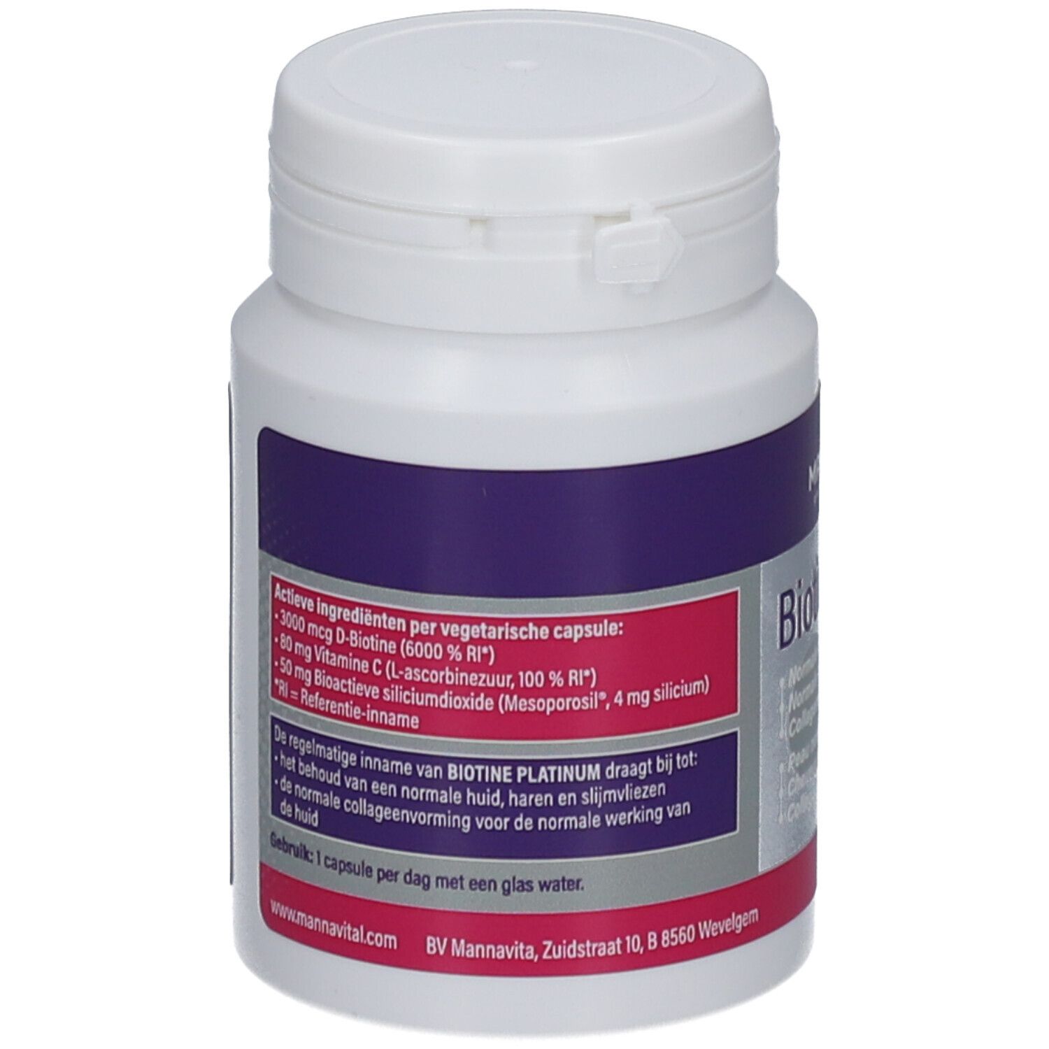 Witte supplementfles met paars en roze etiket. Bevat Biotine Platinum. Opschrift: ingrediënten, gebruiksaanwijzing.