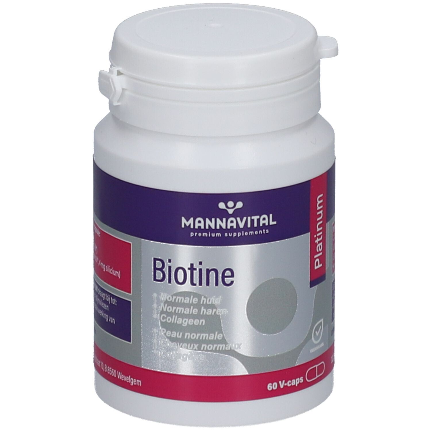 Witte supplementfles met paars en roze etiket. Bevat Biotine Platinum. Opschrift: ingrediënten, gebruiksaanwijzing.