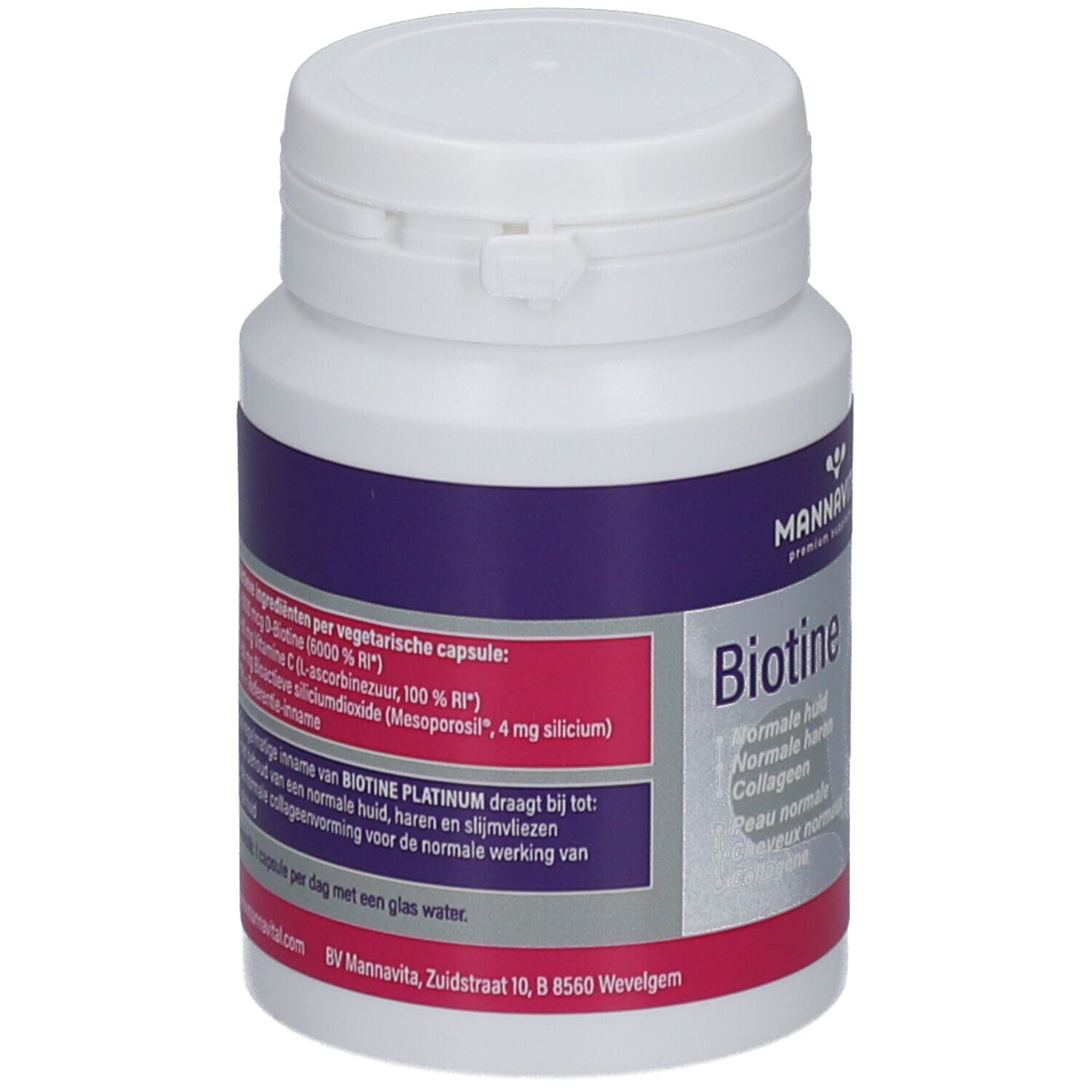 Witte supplementfles met paars en roze etiket. Bevat Biotine Platinum. Opschrift: ingrediënten, gebruiksaanwijzing.