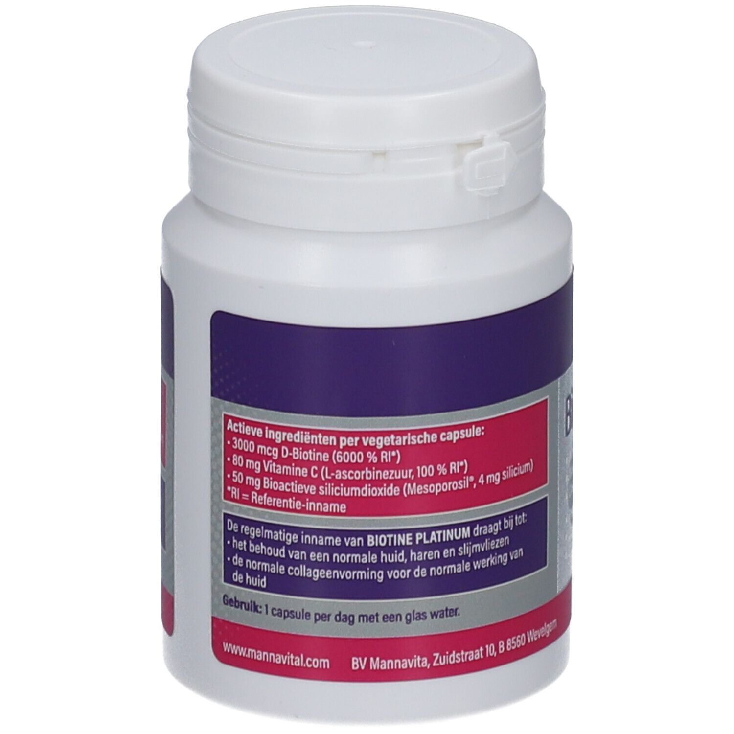 Witte supplementfles met paars en roze etiket. Bevat Biotine Platinum. Opschrift: ingrediënten, gebruiksaanwijzing.