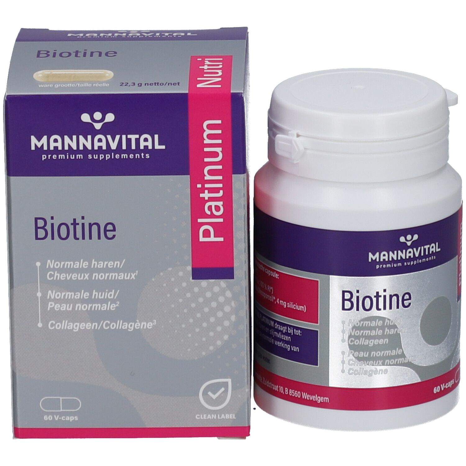Biotine Platinum verpakking met flesje. Bevat 60 capsules. Opschrift: Mannavital, Platinum, Clean Label.