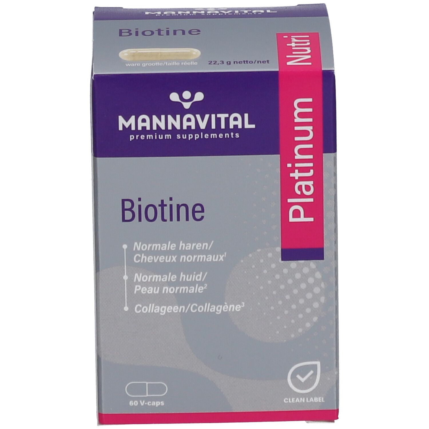 Biotine Platinum verpakking. Bevat 60 capsules. Opschrift: Mannavital, Platinum, Clean Label.